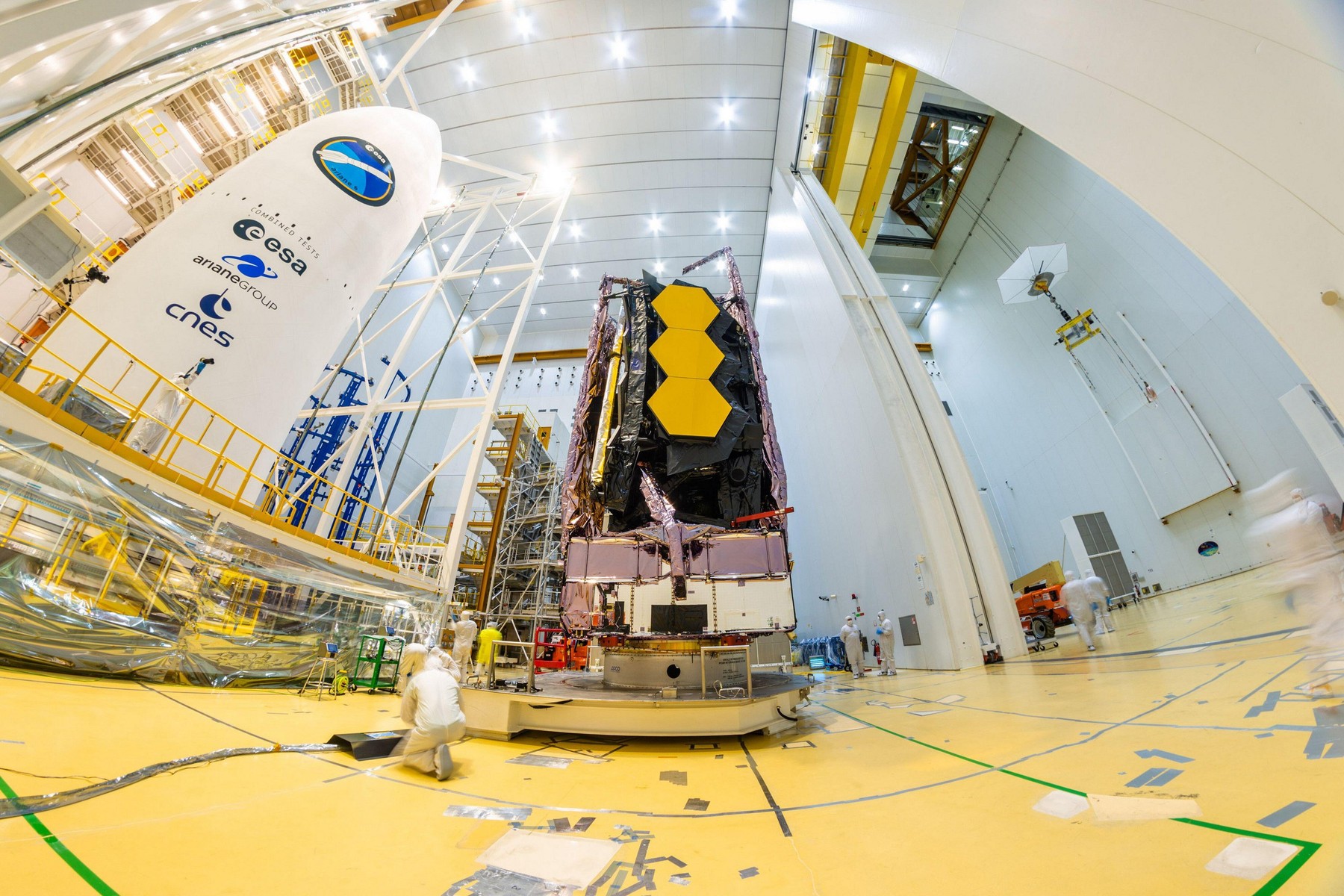 On Saturday, December 11, 2021, NASA's James Webb Space Telescope (JWST) was secured on top of the Ariane 5 rocket that will launch it to space from Europe's Spaceport in French Guiana. Upon arrival in the final assembly building, Webb was slowly hoisted