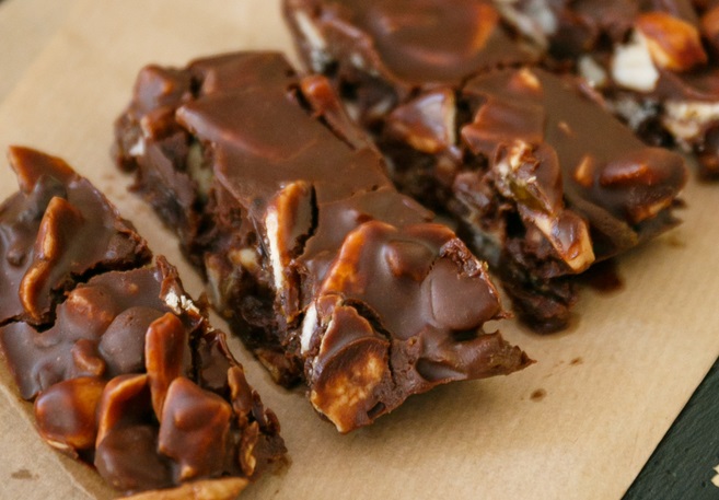 Homemade,Chocolate,Peanut,Bars.,Chocolates,On,Brown,Parchment.,Top,View