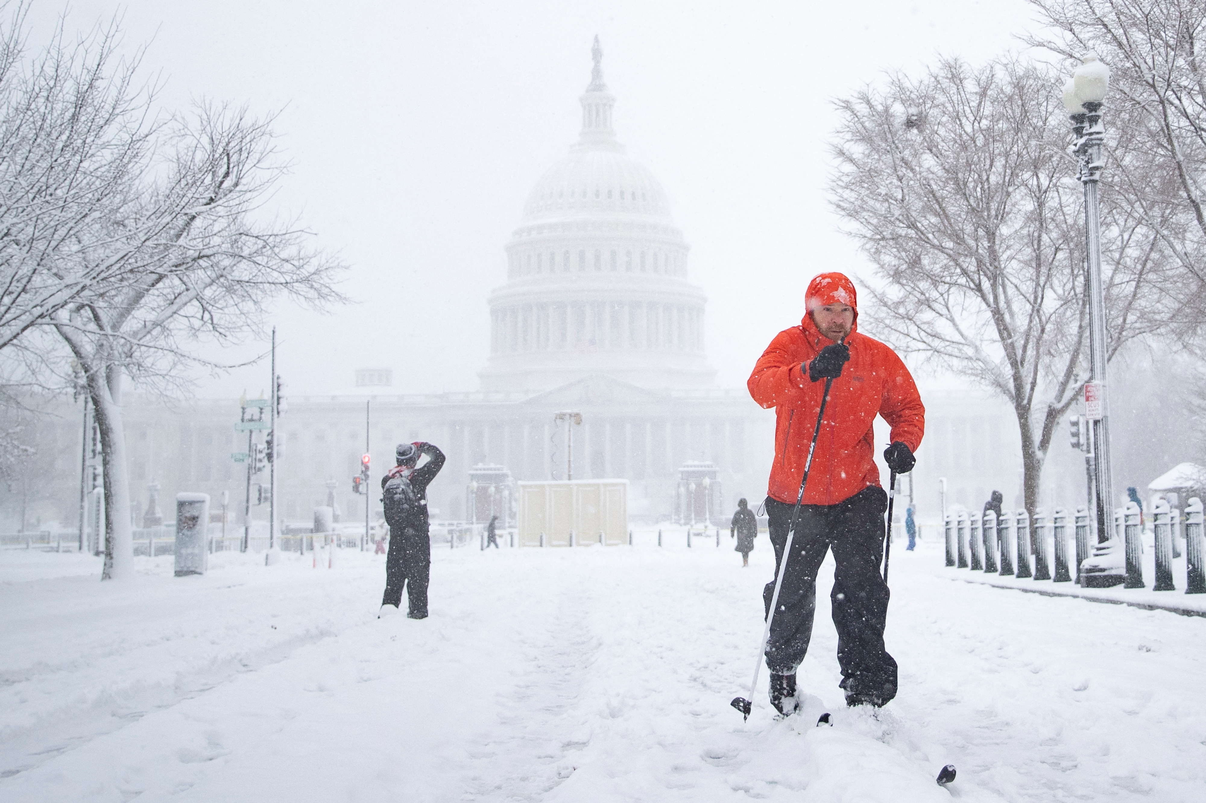 Snow falls during a winter storm on Capitol Hill in Washington