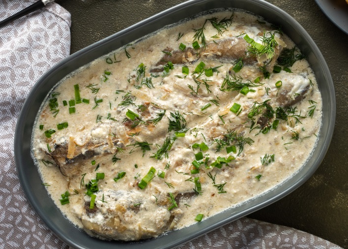 Stewed,Hake,In,A,Creamy,Sauce,With,Baked,Potatoes,,Delicious