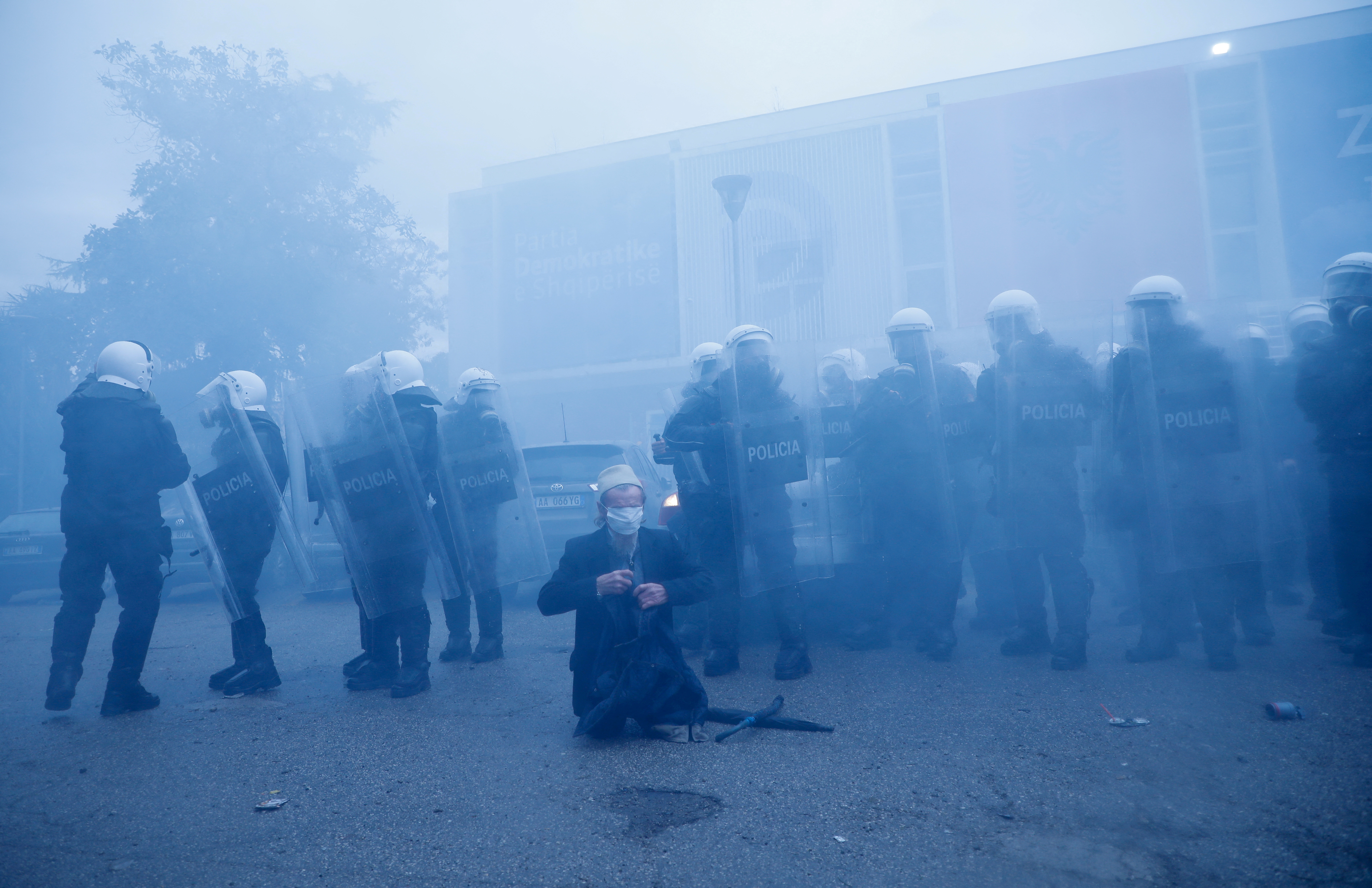 Protesters attack the headquarters of the Democratic Party in Tirana