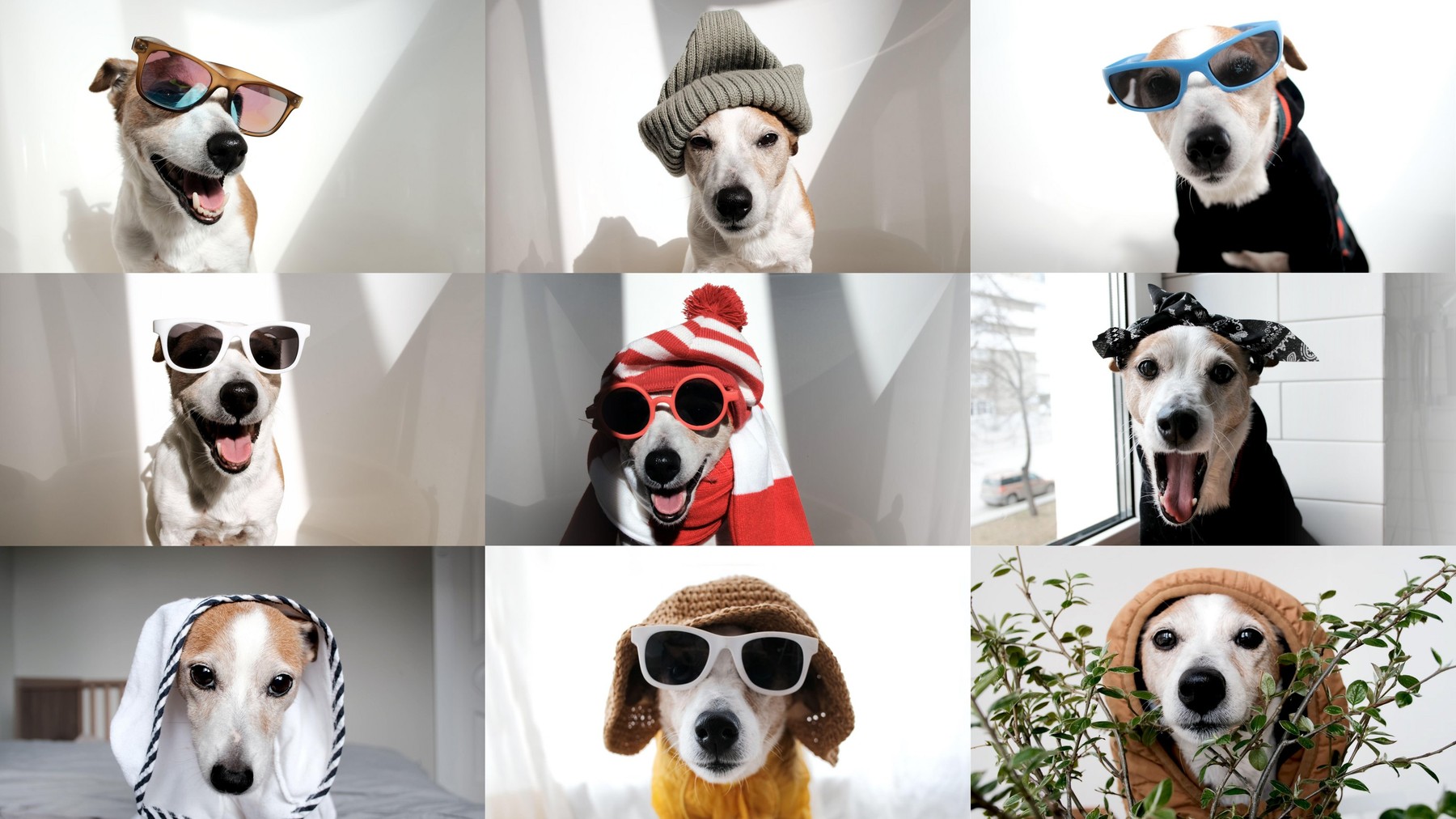 Collage of videos with funny dogs talking to each other online in the form of a call. Funny jack russells, each with their own vibe in online video ch