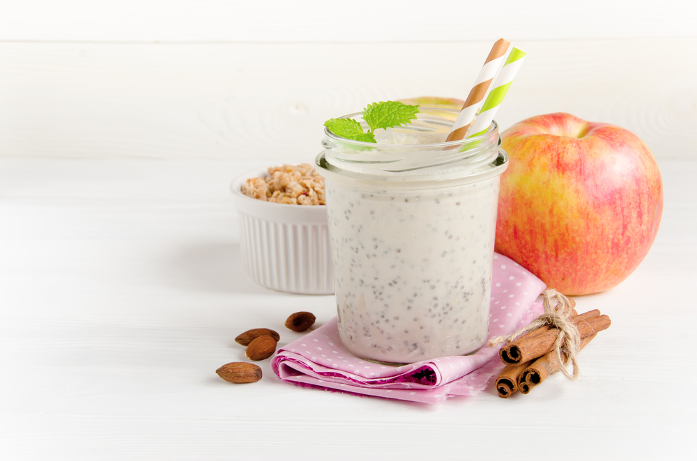 Milk,Smoothies,On,A,Pink,Napkin,,Chia,Seeds,,Apples,,Muesli,