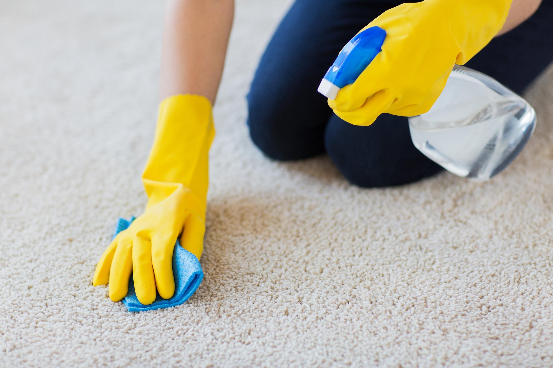 close up of woman with cloth cleaning carpet