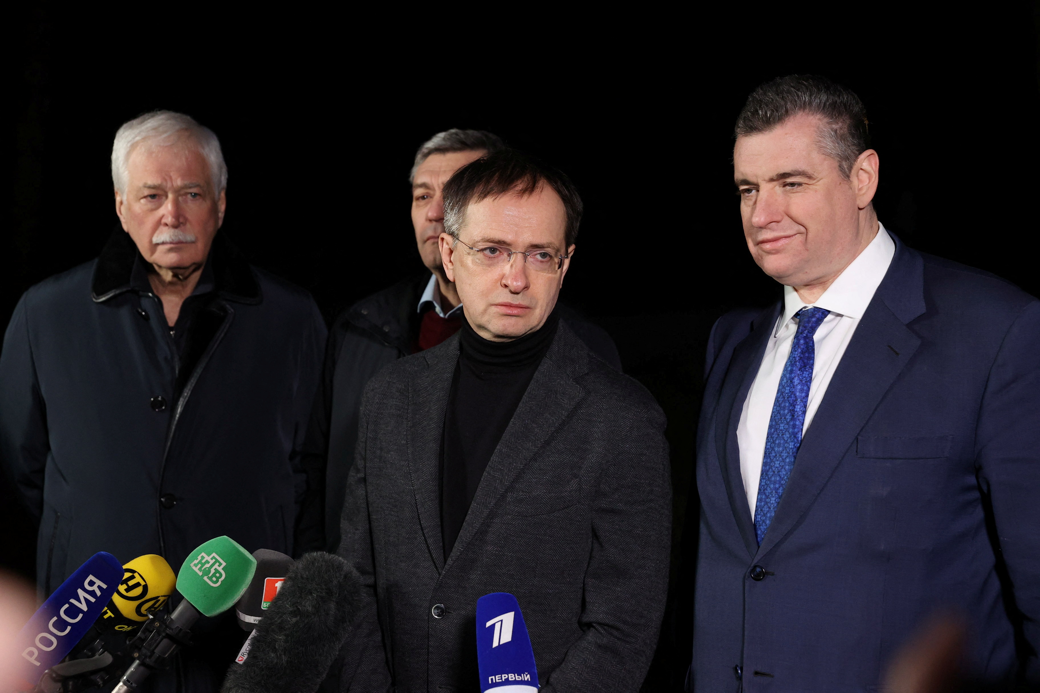 Russia's presidential aide Vladimir Medinsky speaks to the media ahead of expected talks with Ukrainian officials in the Brest region