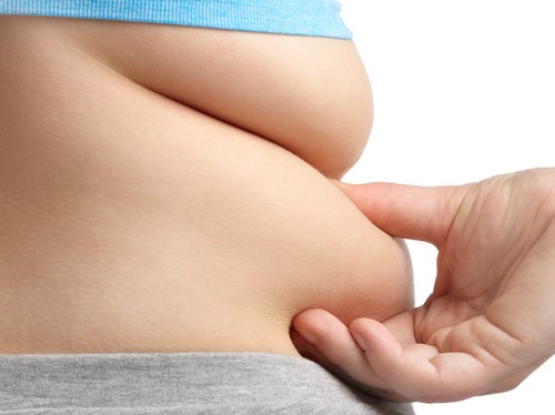 Overweight woman holding body fat