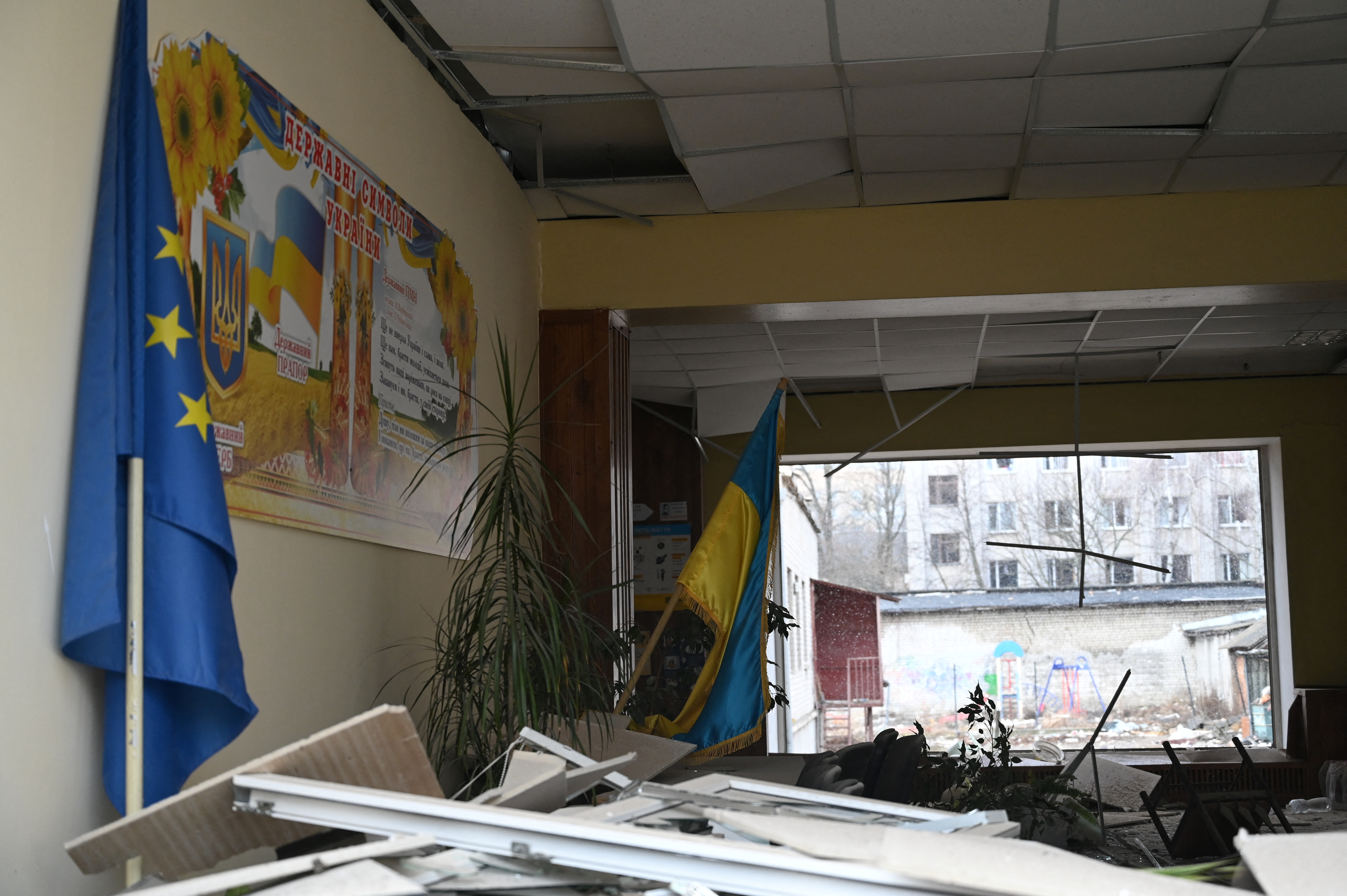 A view shows a destroyed school building in Zhytomyr