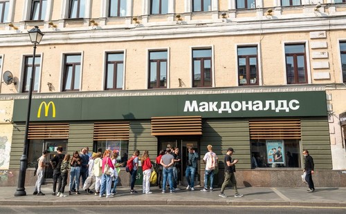 Moscow, Russia  - August 27, 2021. People queueing in front of a McDonalds restaurant in Moscow, Russia.