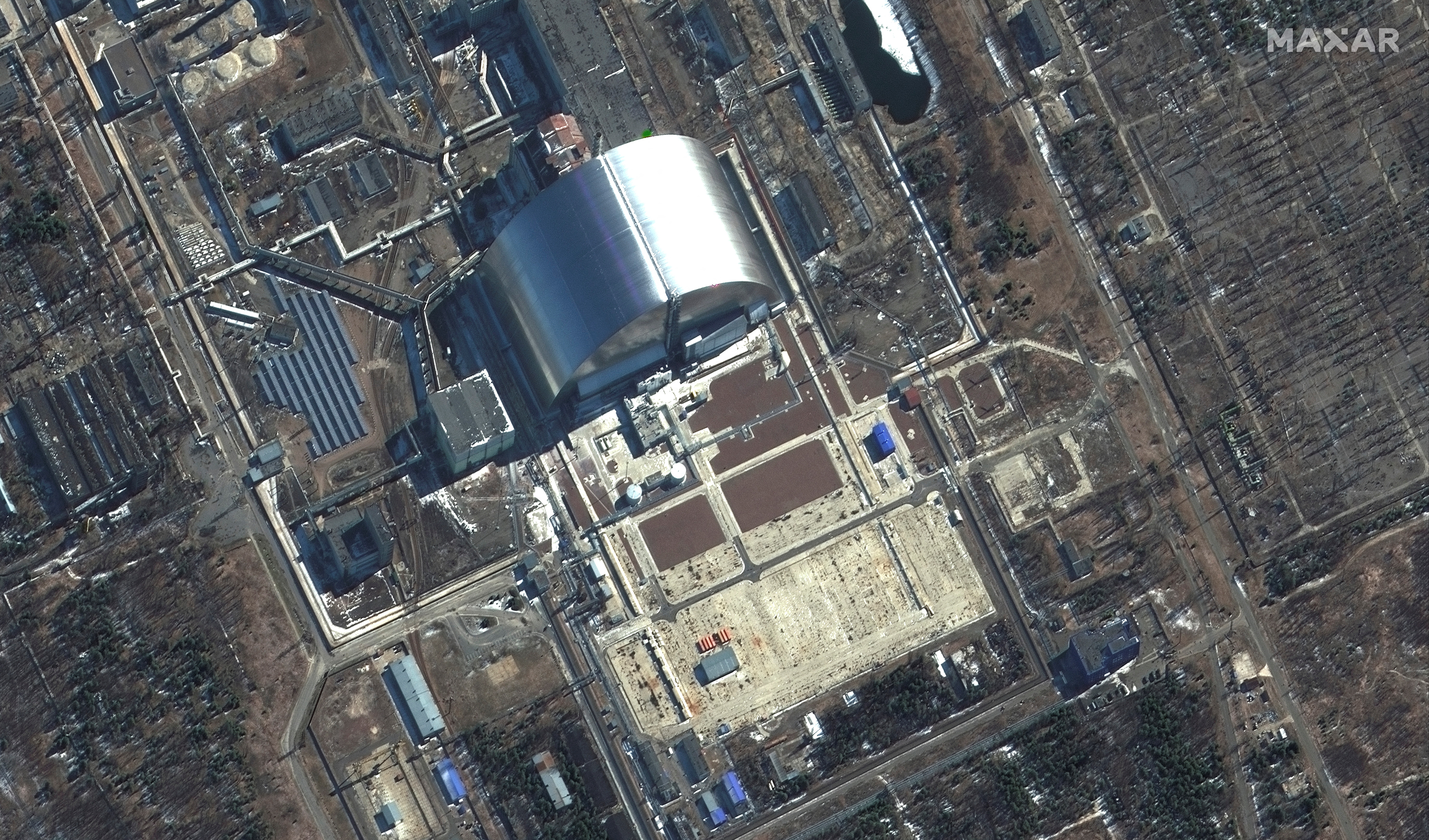 A satellite image shows a closer view of sarcophagus at Chernobyl