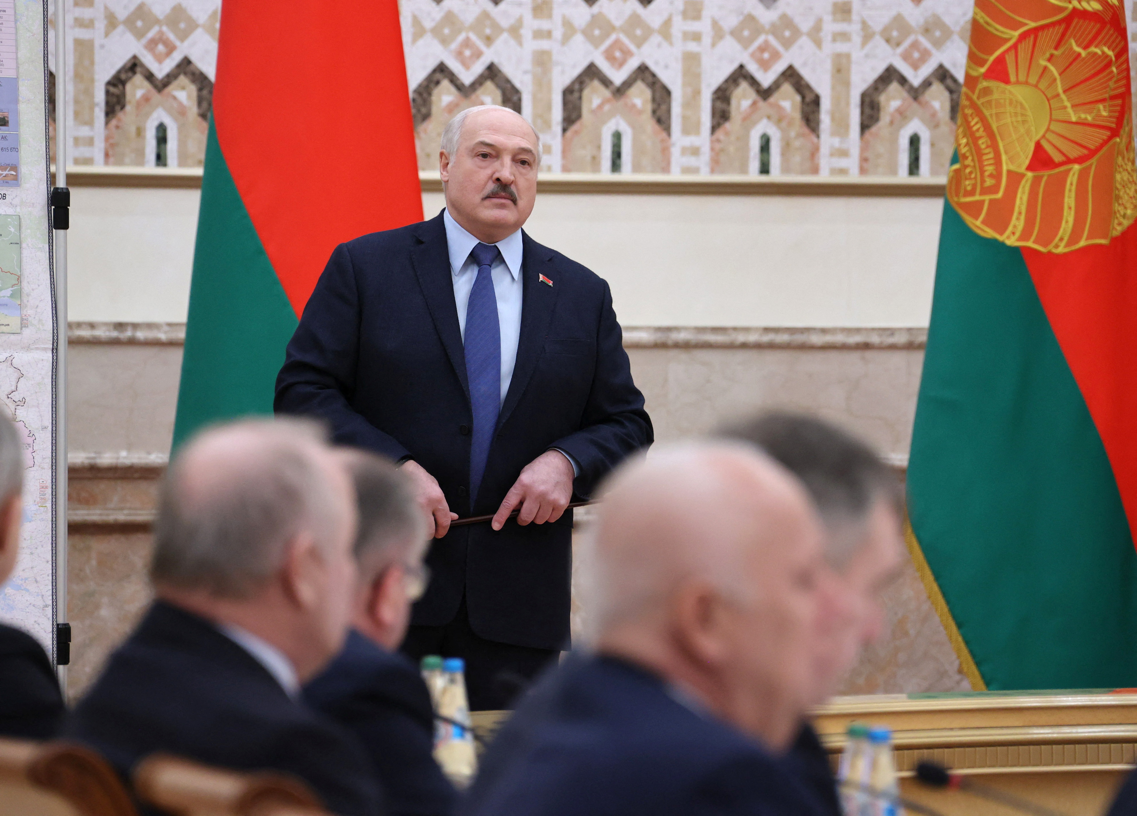 Belarusian President Alexander Lukashenko attends a meeting in Minsk