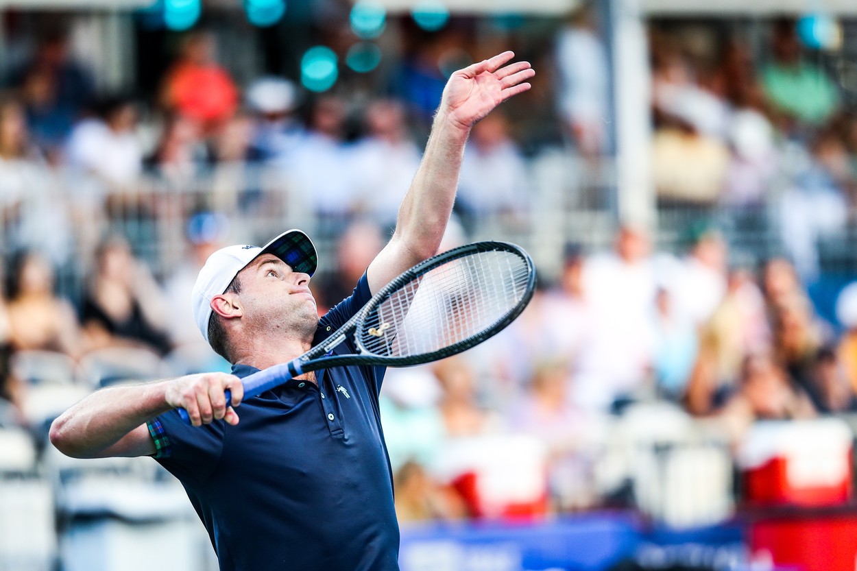 Andy Roddick of the United States plays an exibition match against fellow American Robby Ginepri at the BB&amp;T Atlanta Open in Atlanta, GA.