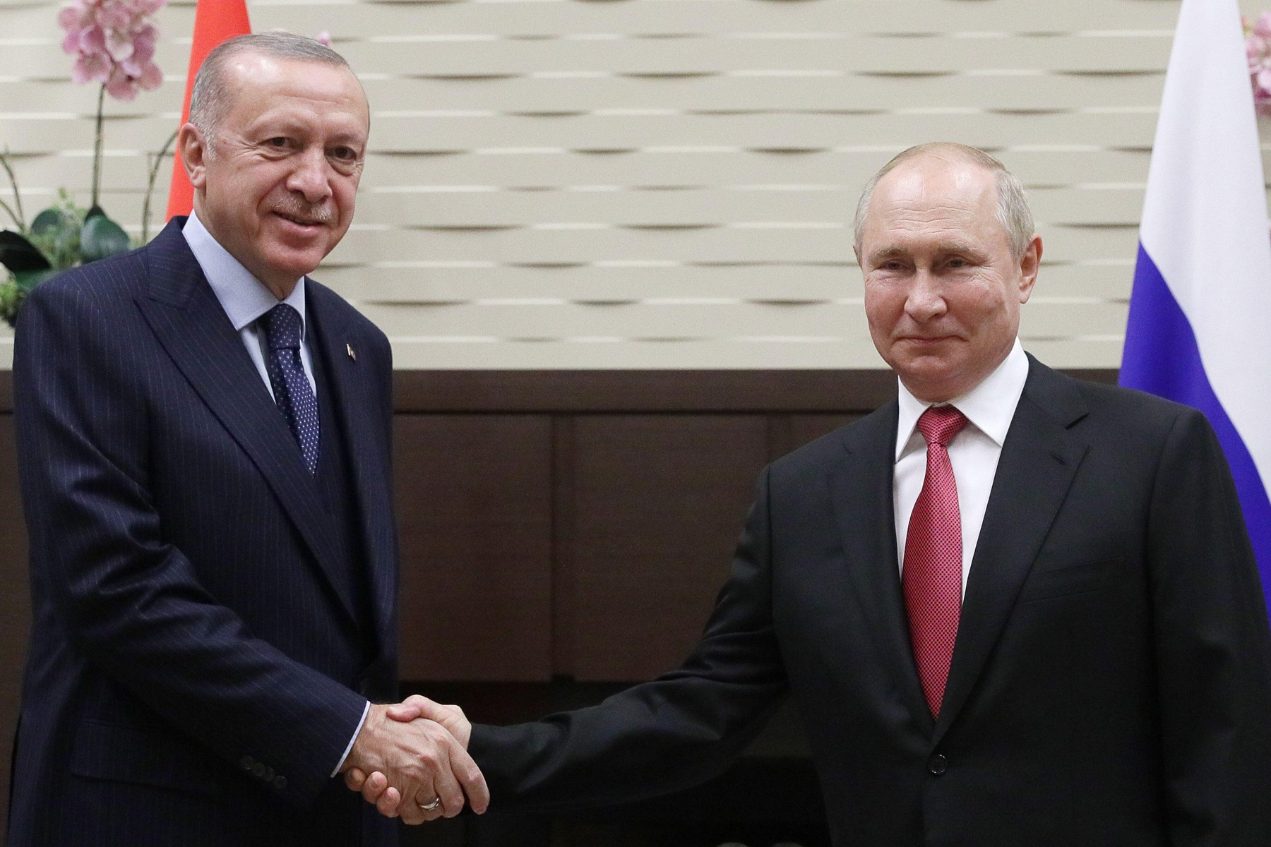 Sochi, Russia. 29th Sep, 2021. Russian President Vladimir Putin (R) and Turkish President Recep Tayyip Erdogan shake hands during a meeting at the Bocharov Ruchei residence. Credit: Vladimir Smirnov/TASS/Alamy Live News