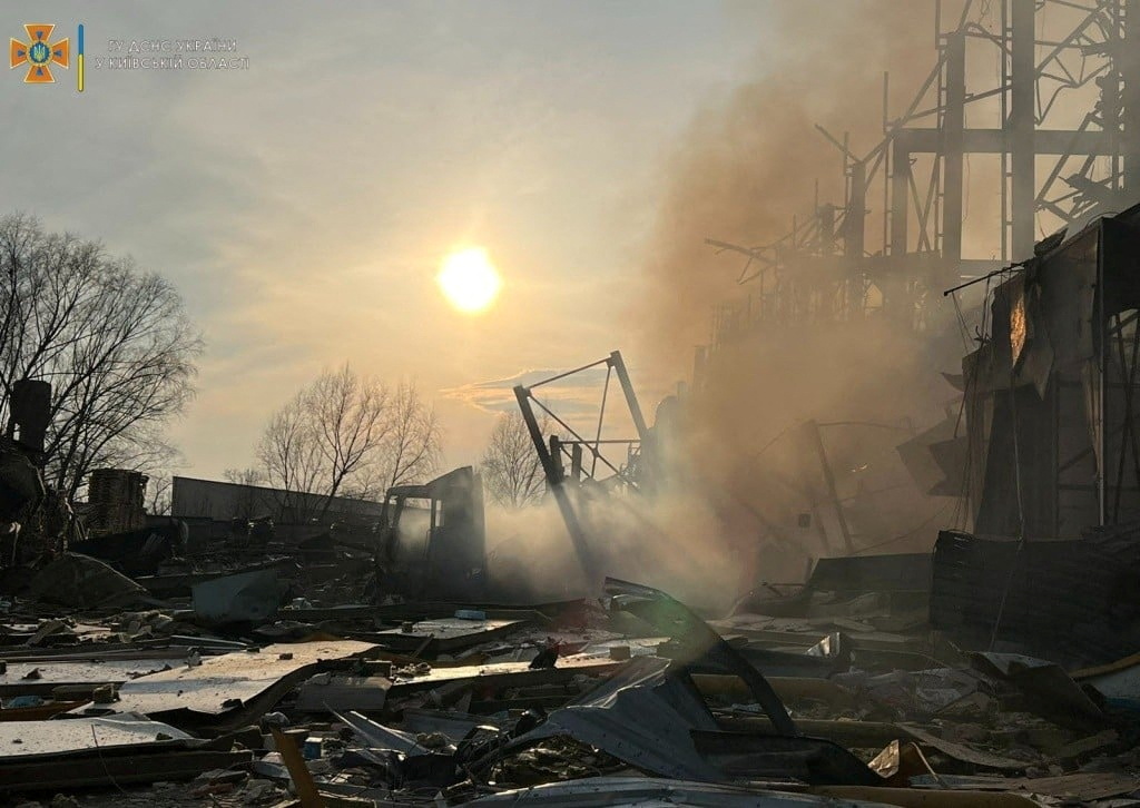 A food warehouse damaged by shelling is seen in Brovary