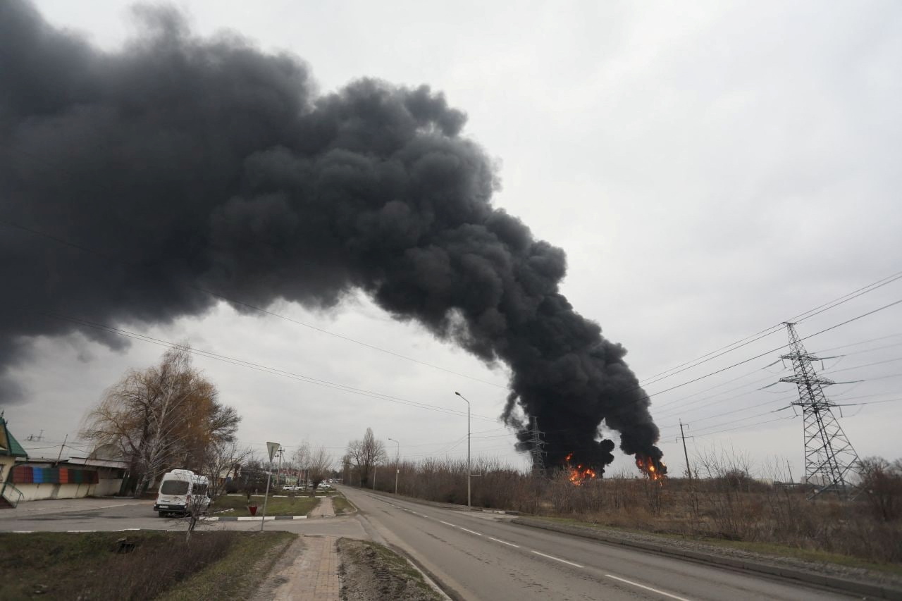 A view shows a fuel depot on fire in Belgorod