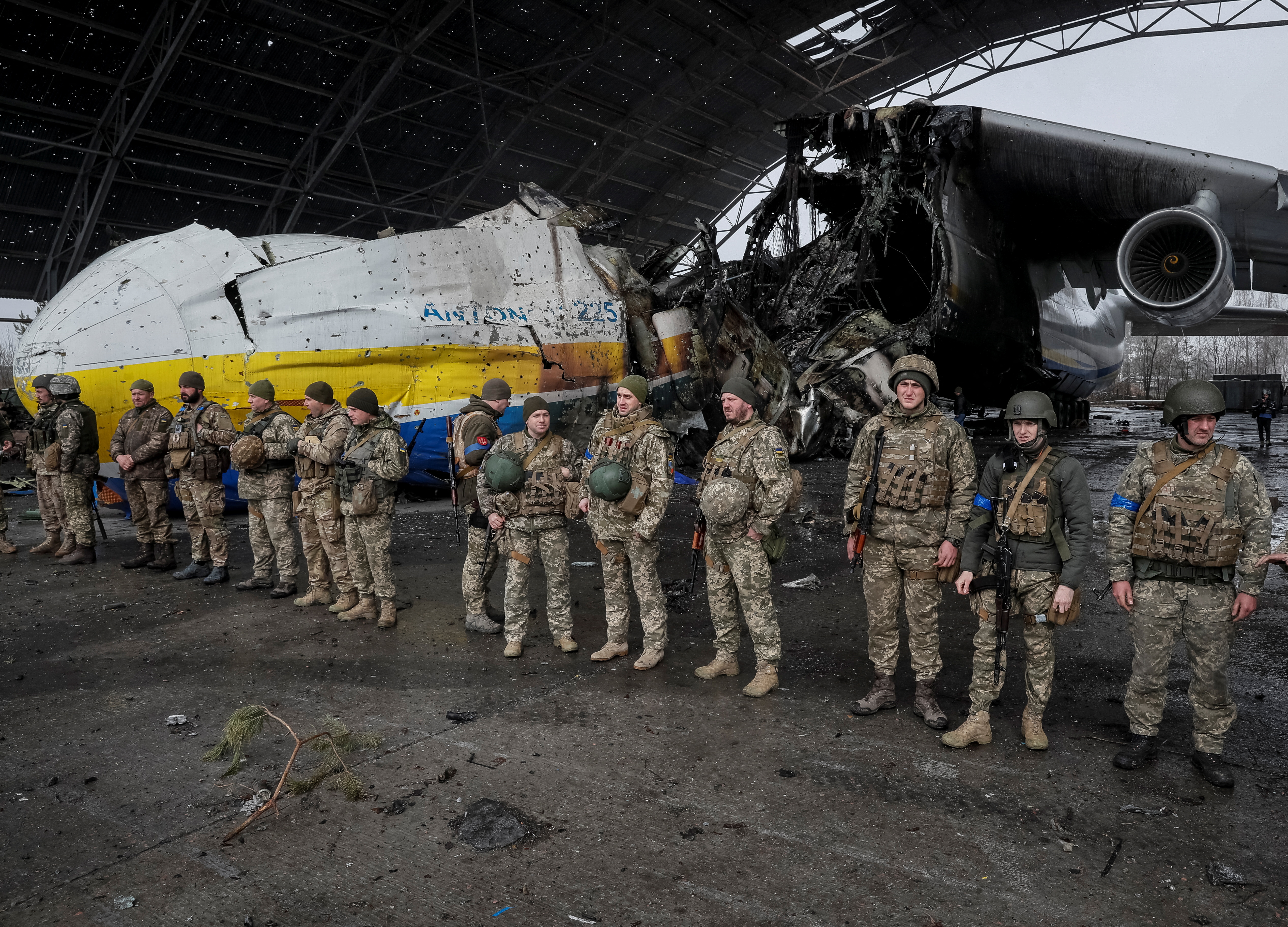 An Antonov An-225 Mriya cargo plane, the world's biggest aircraft, destroyed by Russian troops is seen at an airfield in the settlement of Hostomel