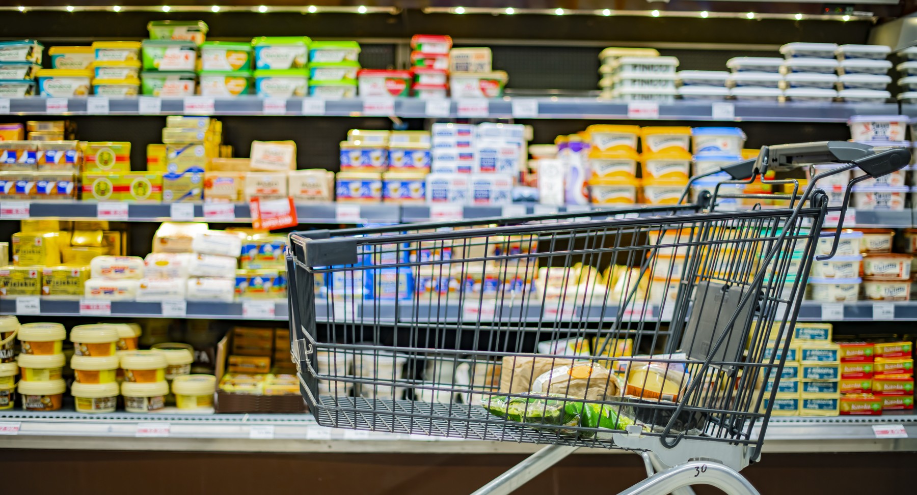 A shopping cart in a supermarket