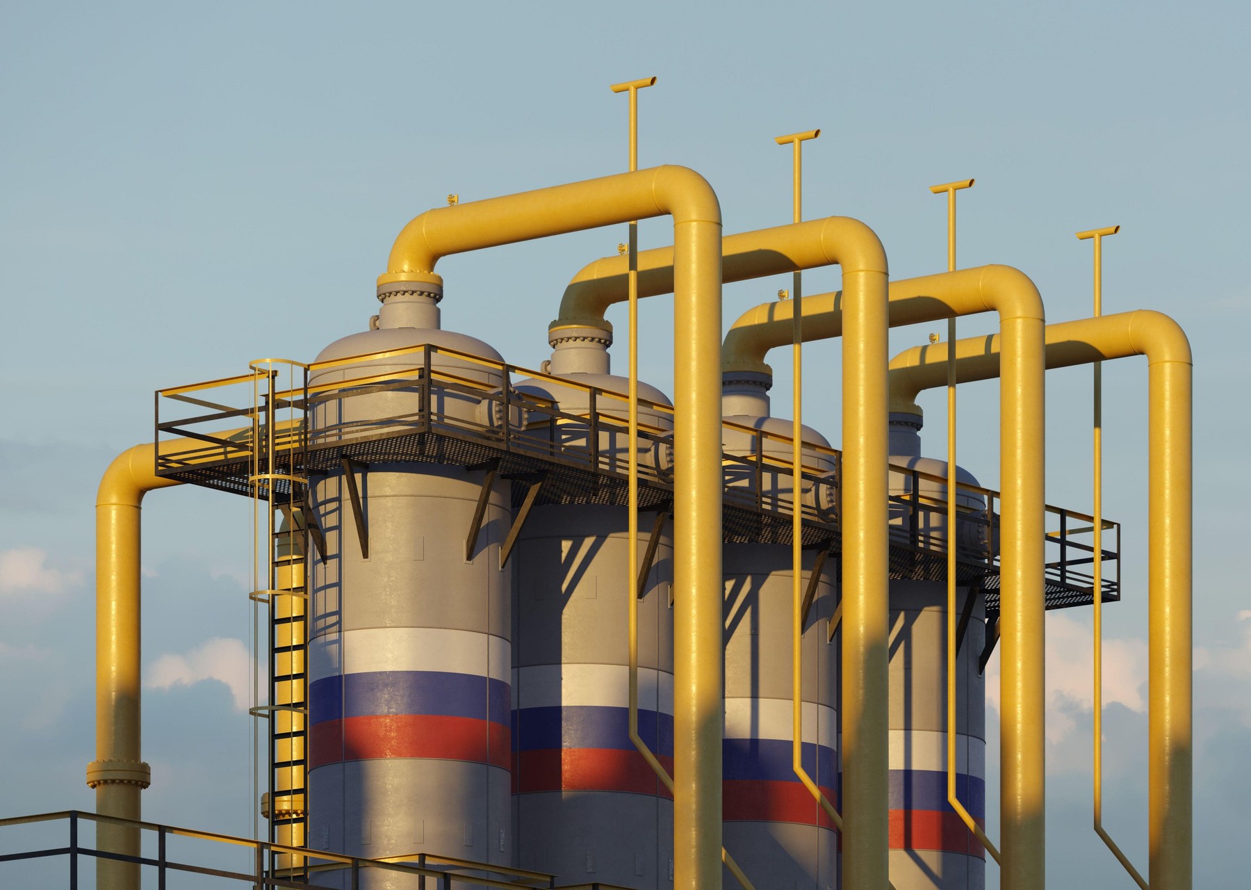 Natural gas tank in gas factory with Russian flag