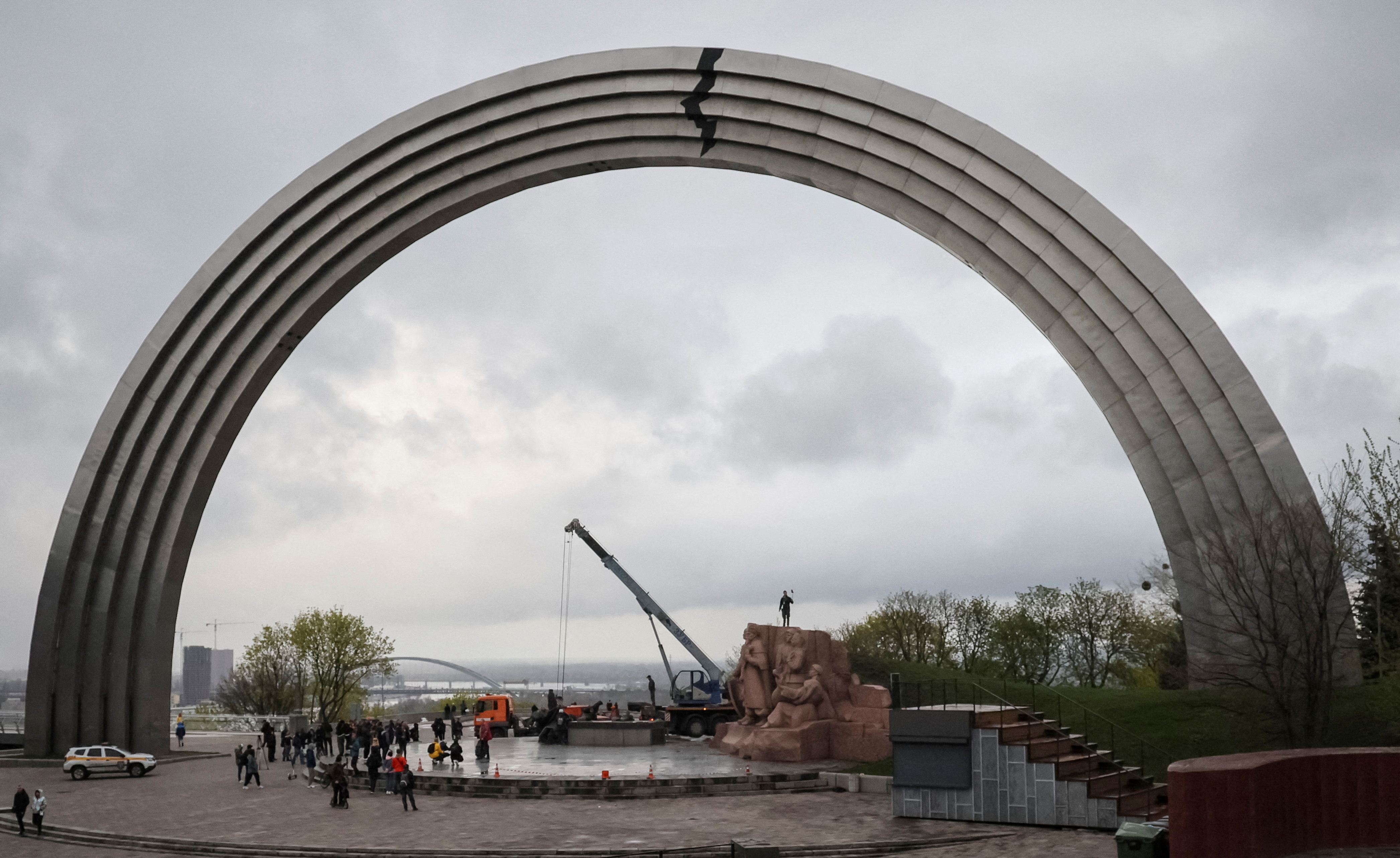 FILE PHOTO: A Soviet monument to a friendship between Ukrainian and Russian nations is seen after its demolition in central Kyiv
