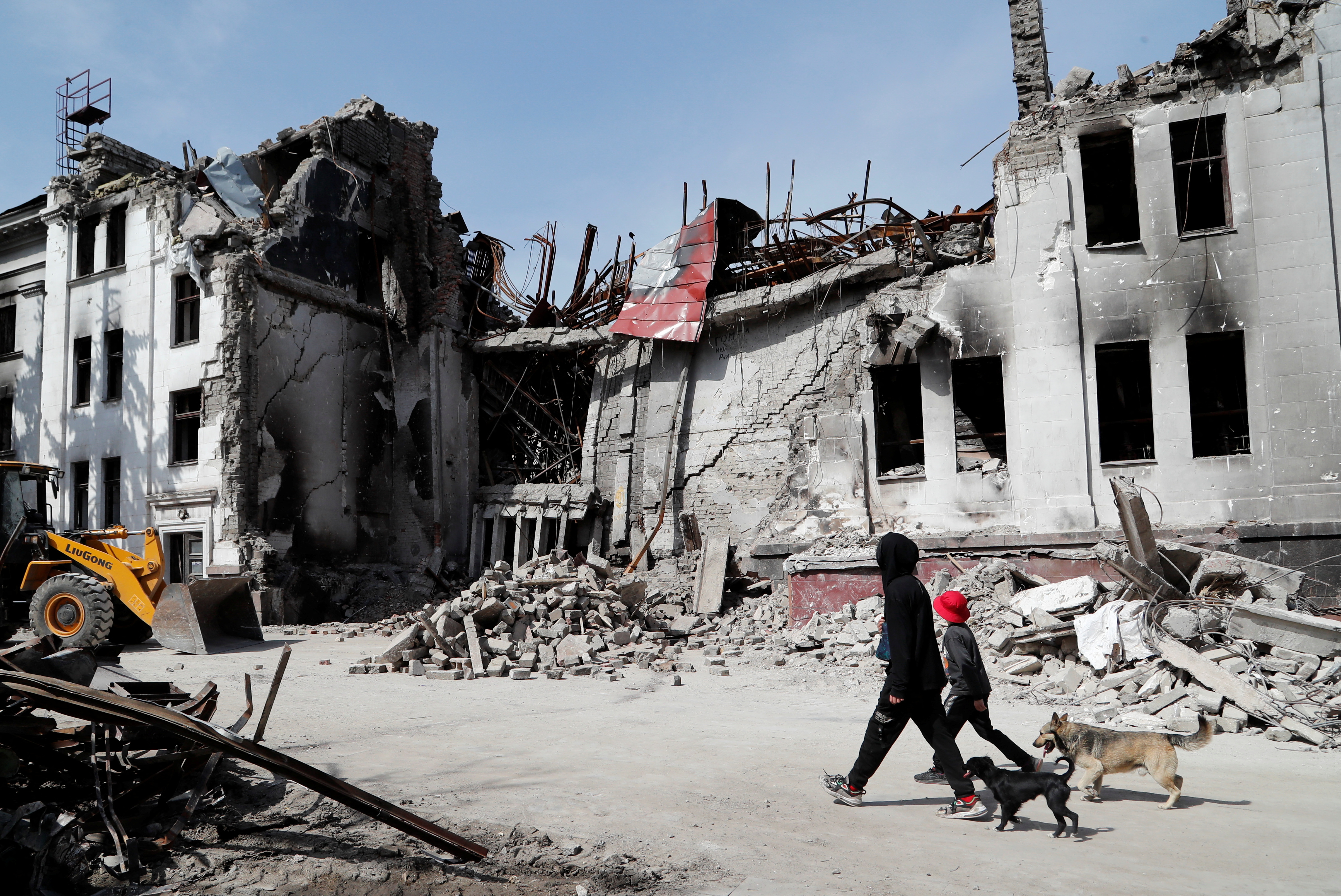 A view shows a destroyed theatre building in Mariupol