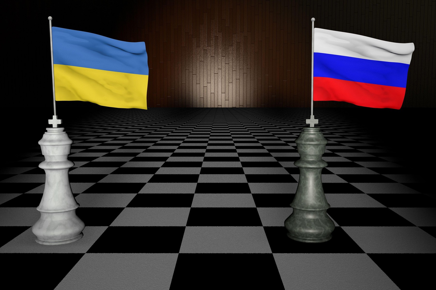 Spectacular concept rendering of two piece checkers chess representing UKRAINE and RUSSIA 3D RENDERING.