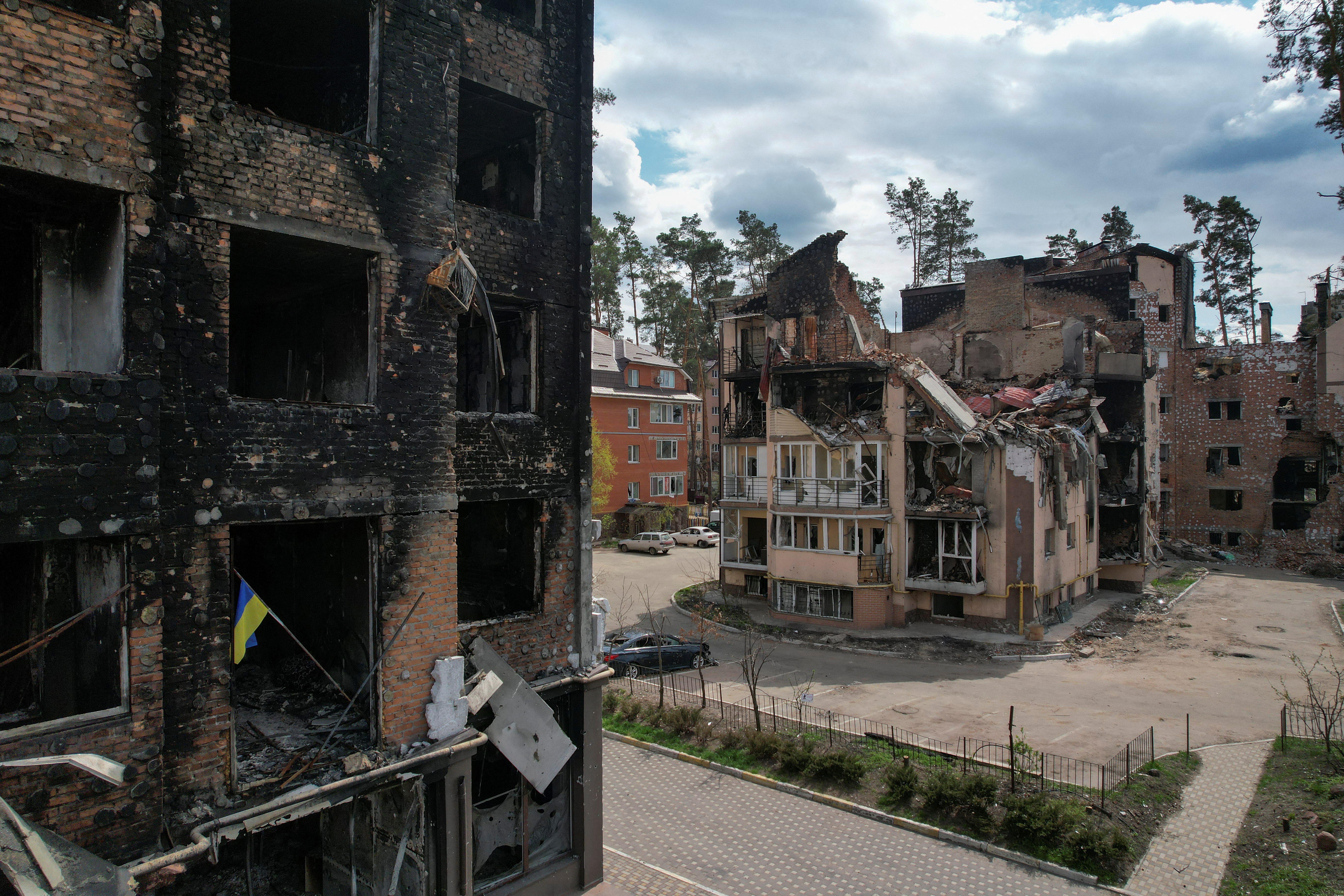 A view shows apartment buildings destroyed during Russia’s invasion of Ukraine in Irpin