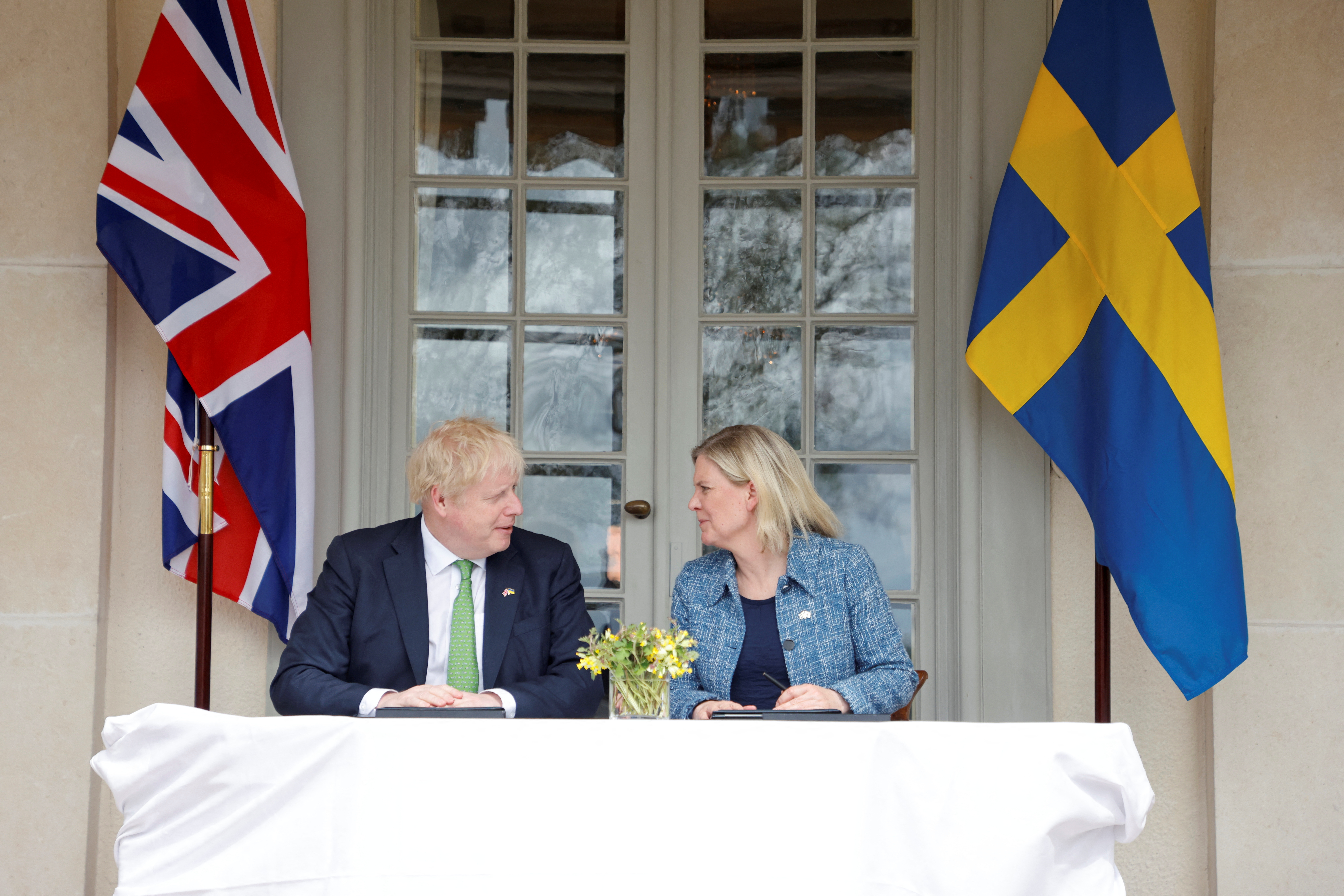 British Prime Minister Boris Johnson and Sweden's Prime Minister Magdalena Andersson meet in Harpsund