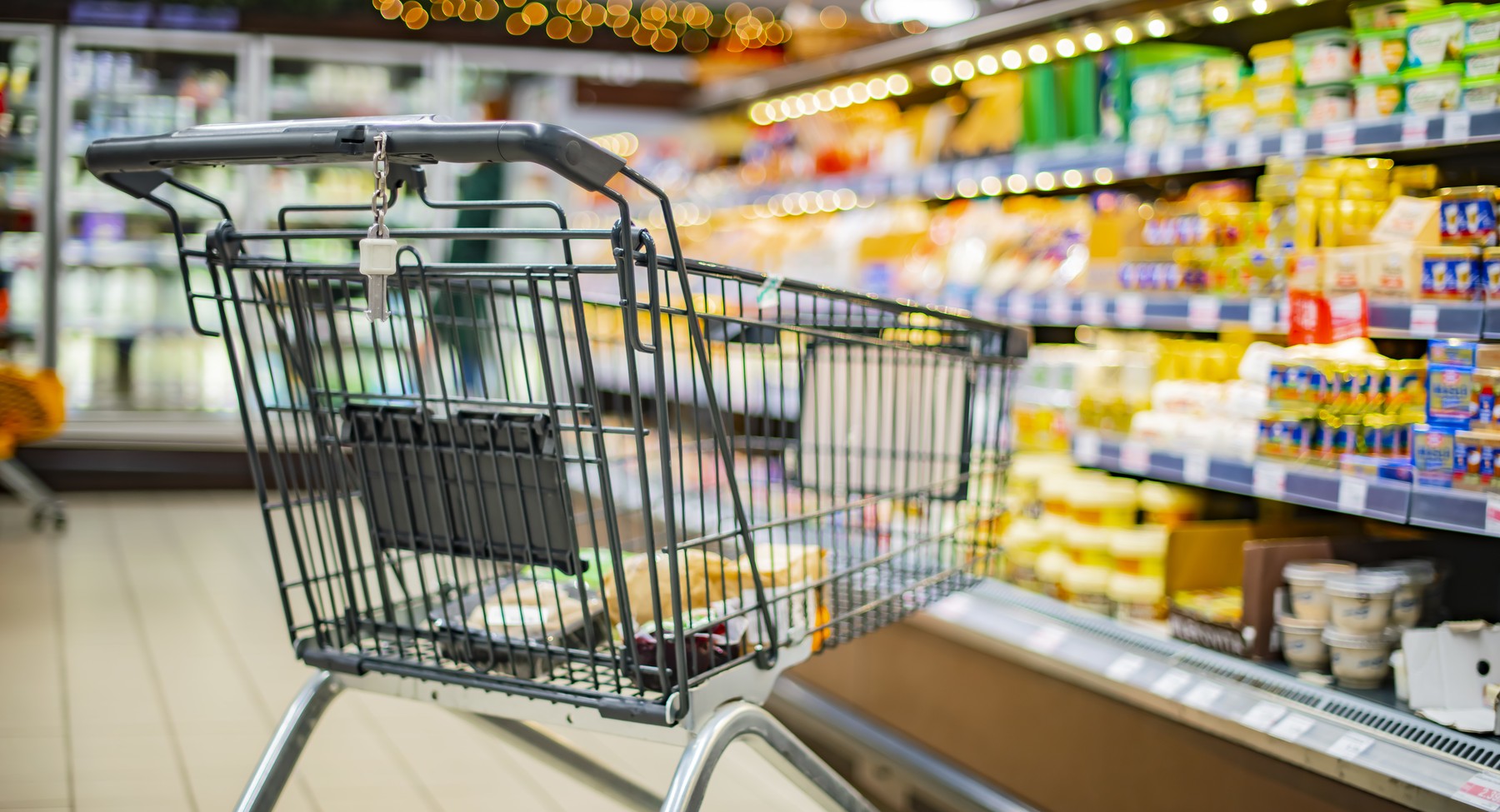 A shopping cart in a supermarket