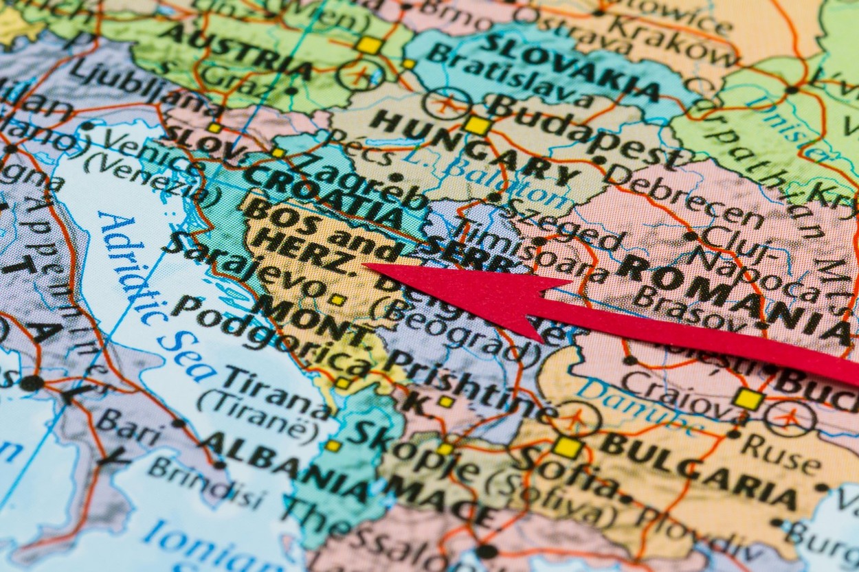 Photo of Bosnia and Herzegovina. Country indicated by red arrow. Country on European continent.