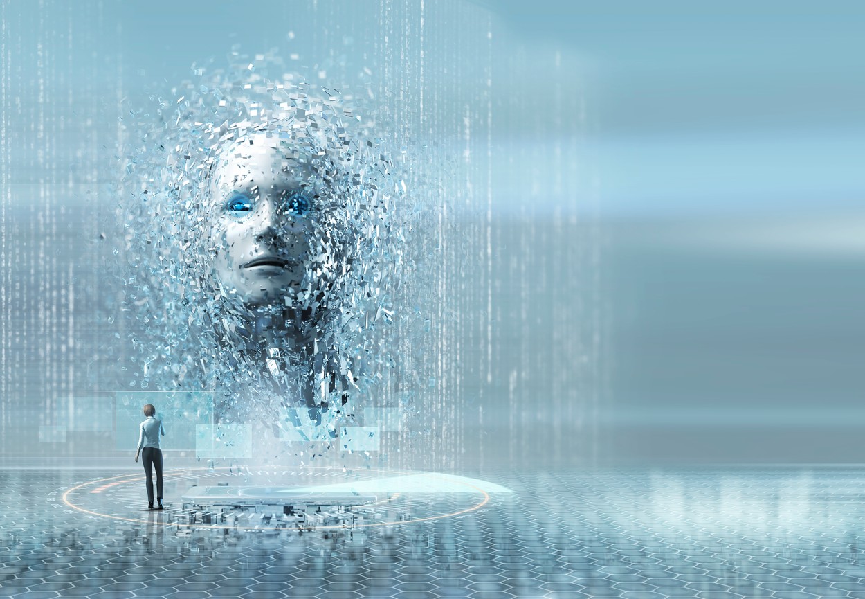 Artificial intelligence woman looking up at face