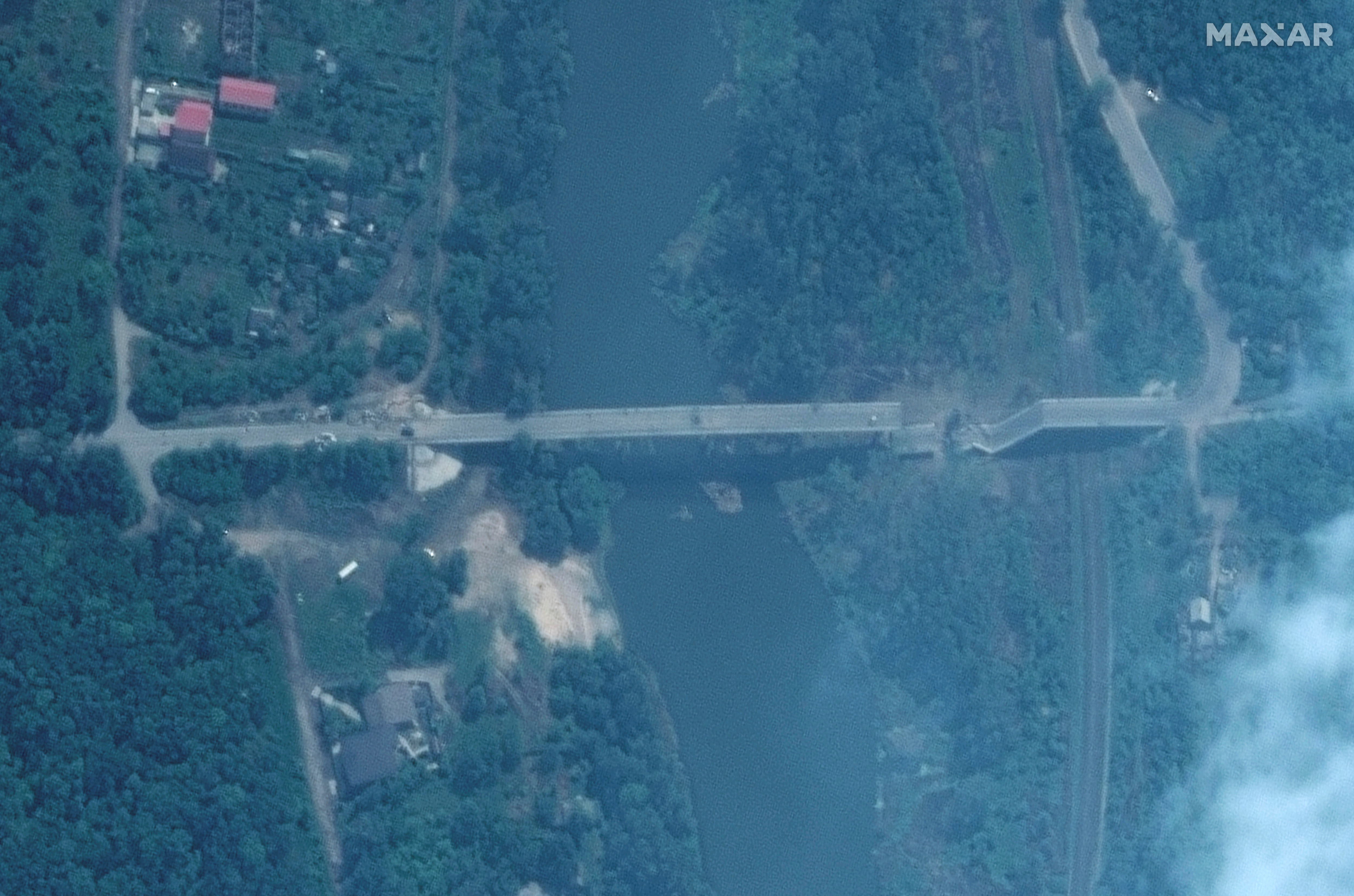 A satellite image shows damaged Pavlograd Bridge in western Severodonetsk