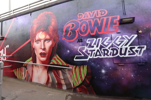 David Bowie mural unveiled in the underpass of the Tolworth Roundabout where the A3 meets the A240. It's 50 years ago this week that Bowie's iconic Ziggy Stardust persona performed for the first time in Tolworth, south London. Picture date: Thursday Febru