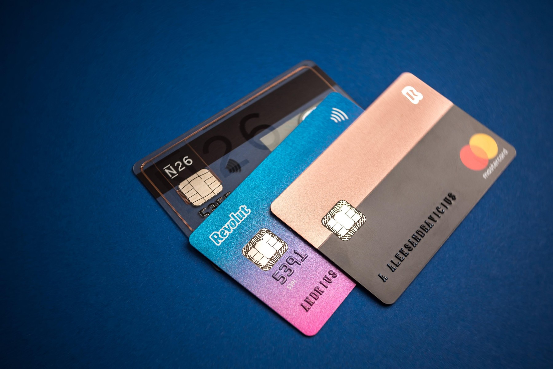 KAUNAS, LITHUANIA - DECEMBER 23, 2017: Closeup view of fintech startups Revolut and N26 cards.