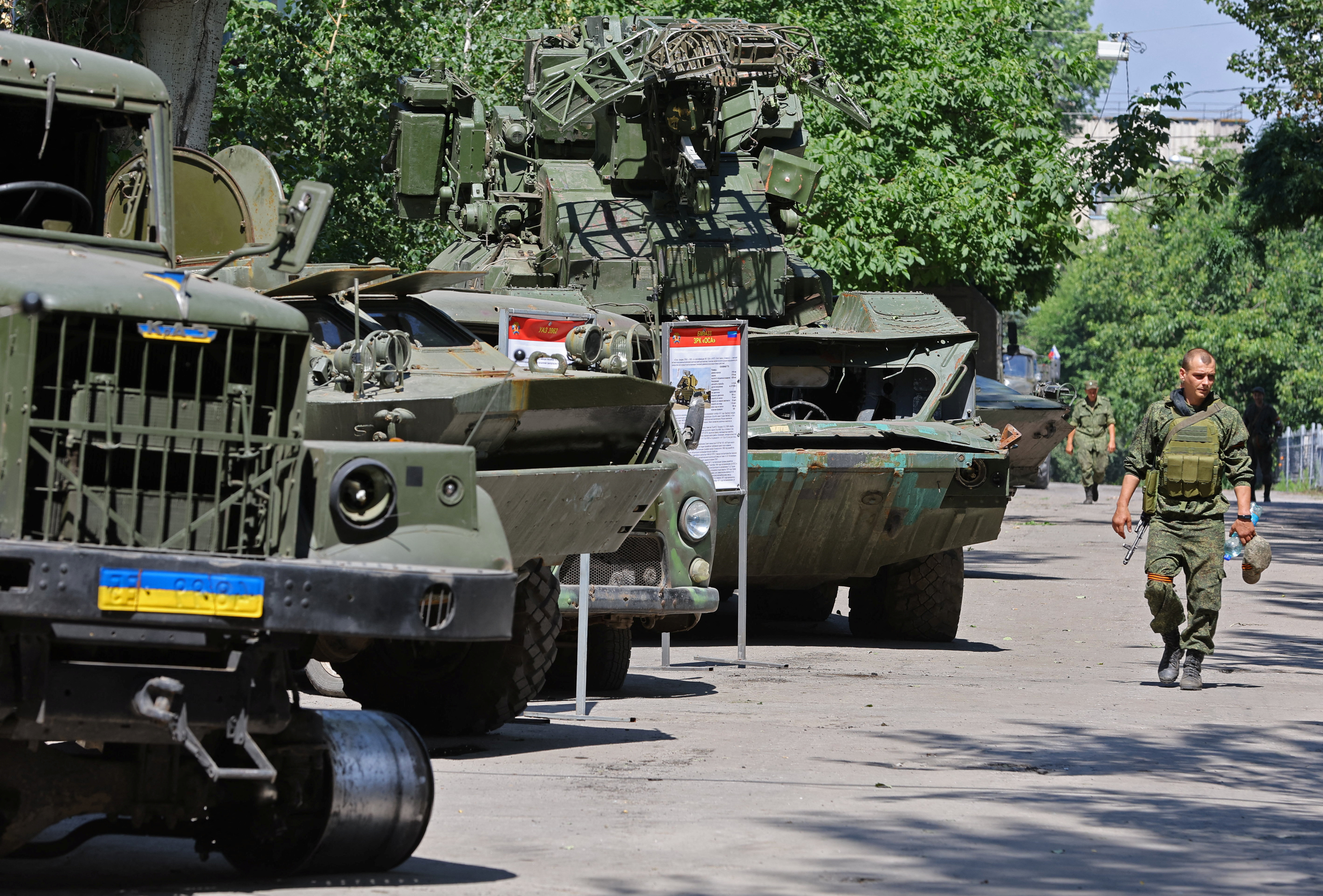 An exhibition of Ukrainian army hardware and weapons left in the city after its withdrawal from Lysychansk