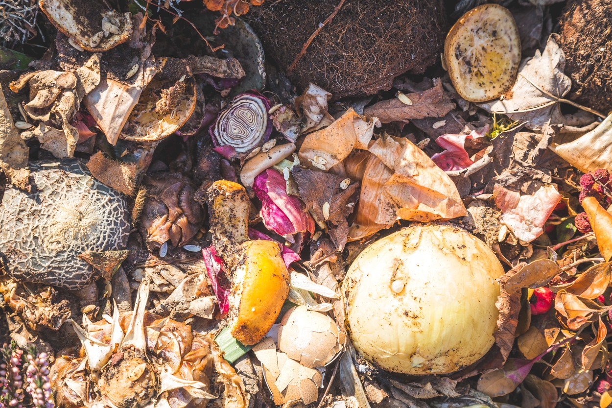 Organic waste concept. Close up of composting vegetables and fruits