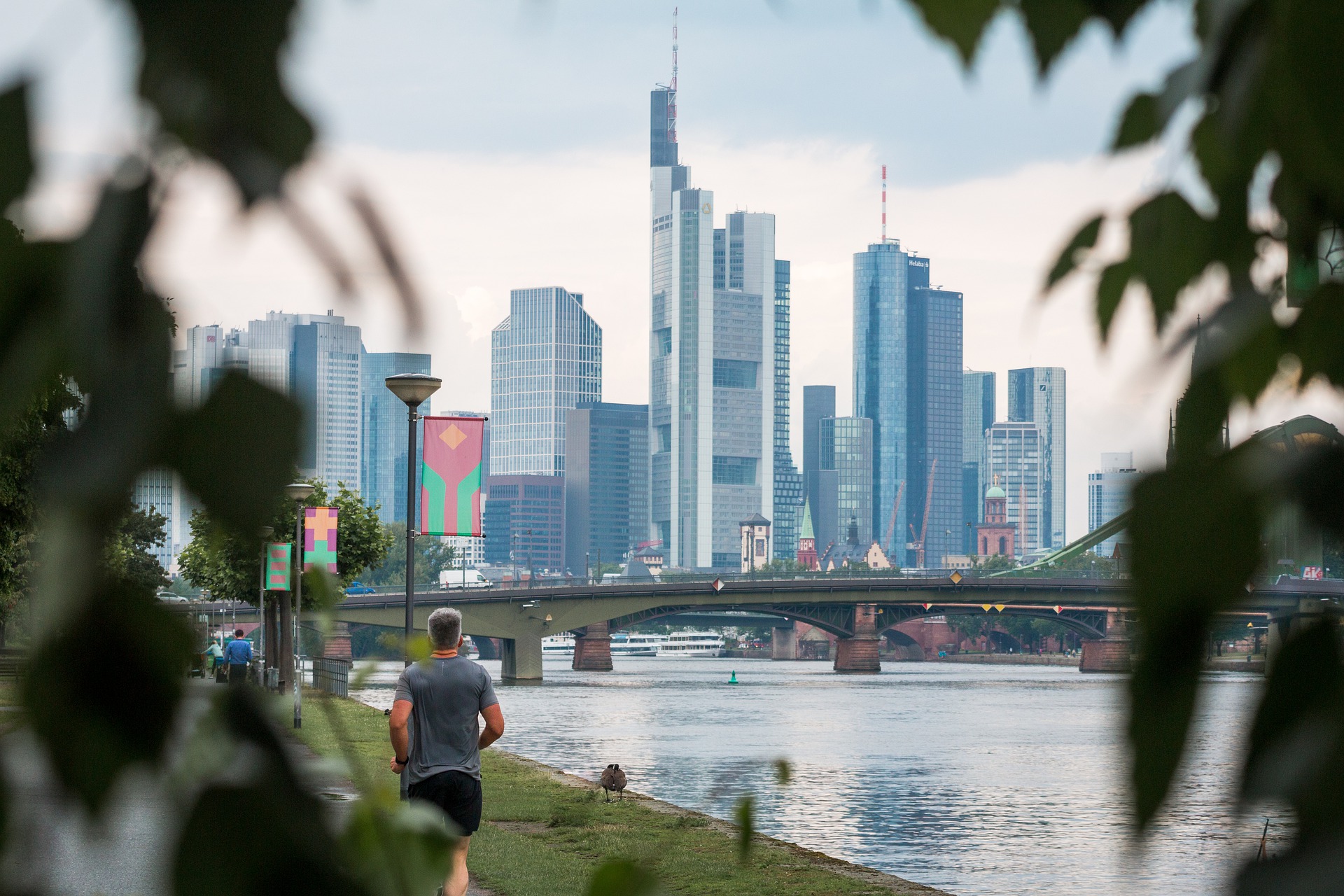 frankfurt, trčanje, odmor, grad, panorama, skyline, zgrade, njemačka,
