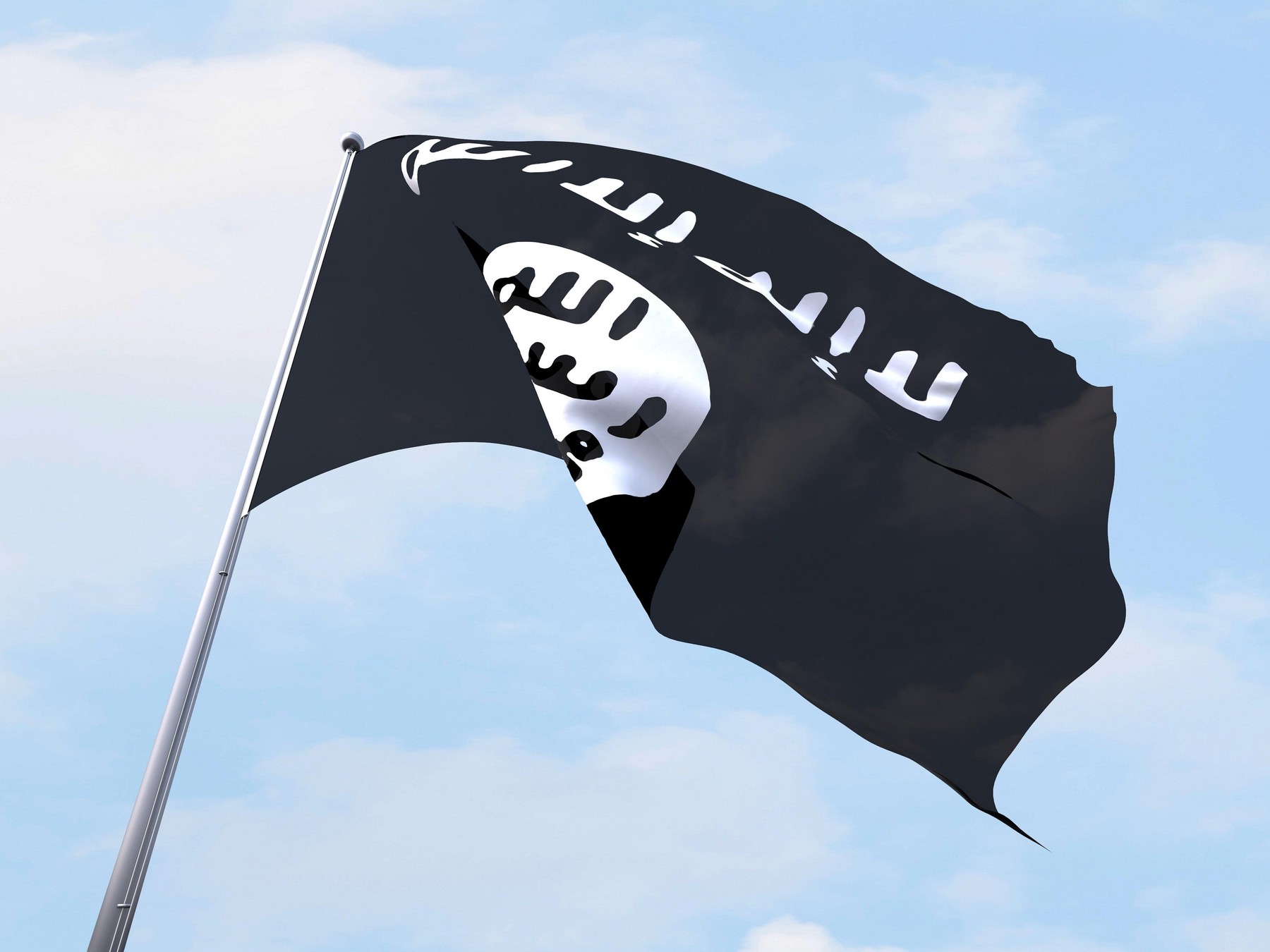 Islamic State flag flying on clear sky.