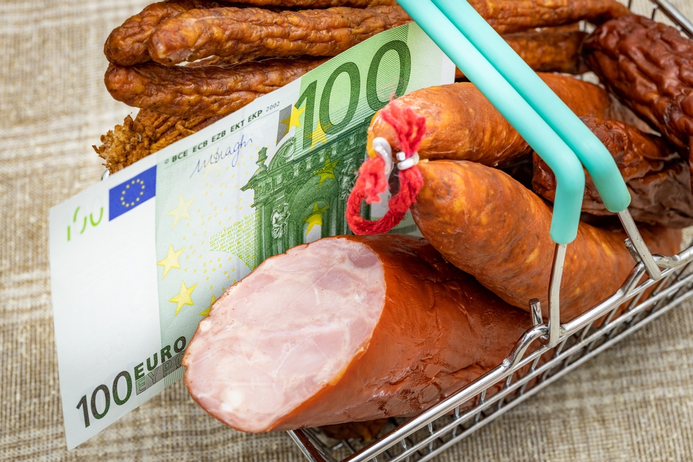 Shopping,Basket,With,Euro,Around,Meat,Products,,Sausages,And,Cold