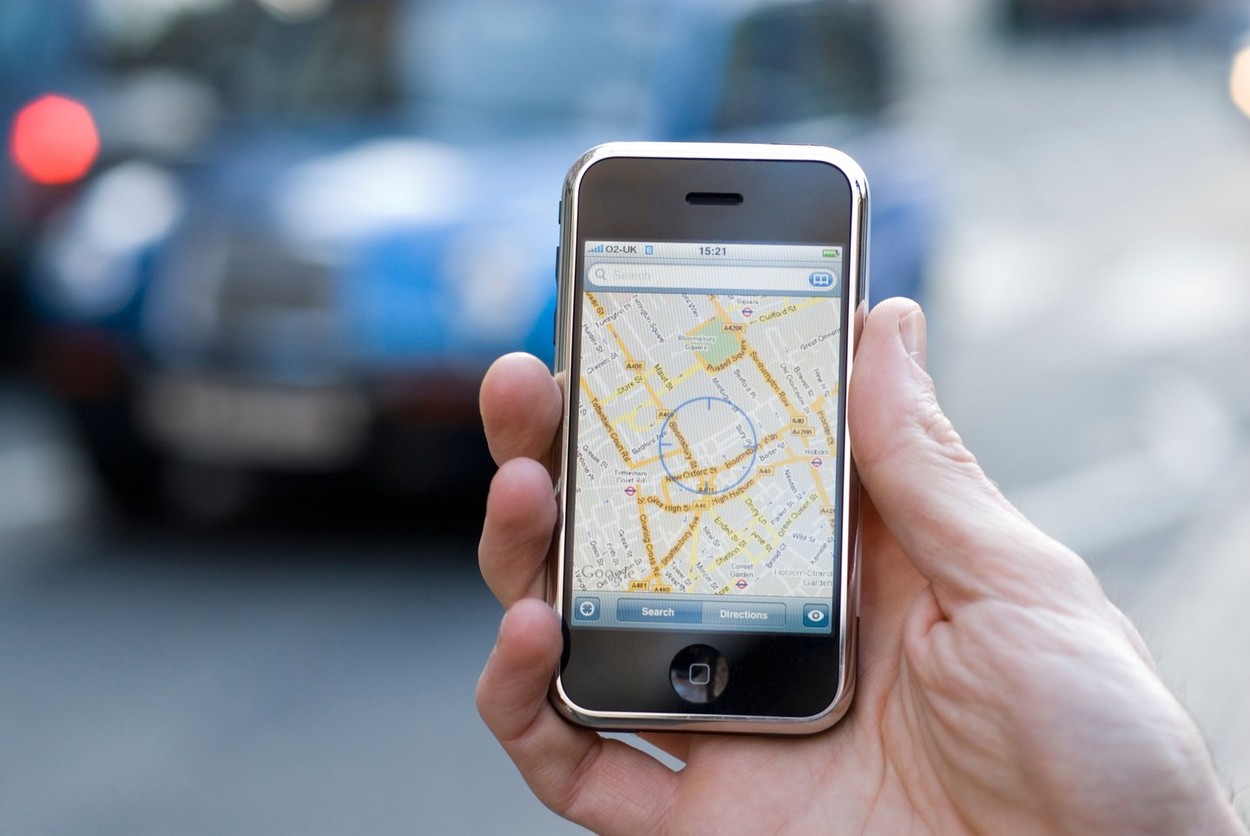 Google maps on Apple iPhone showing location of user, London, England, UK