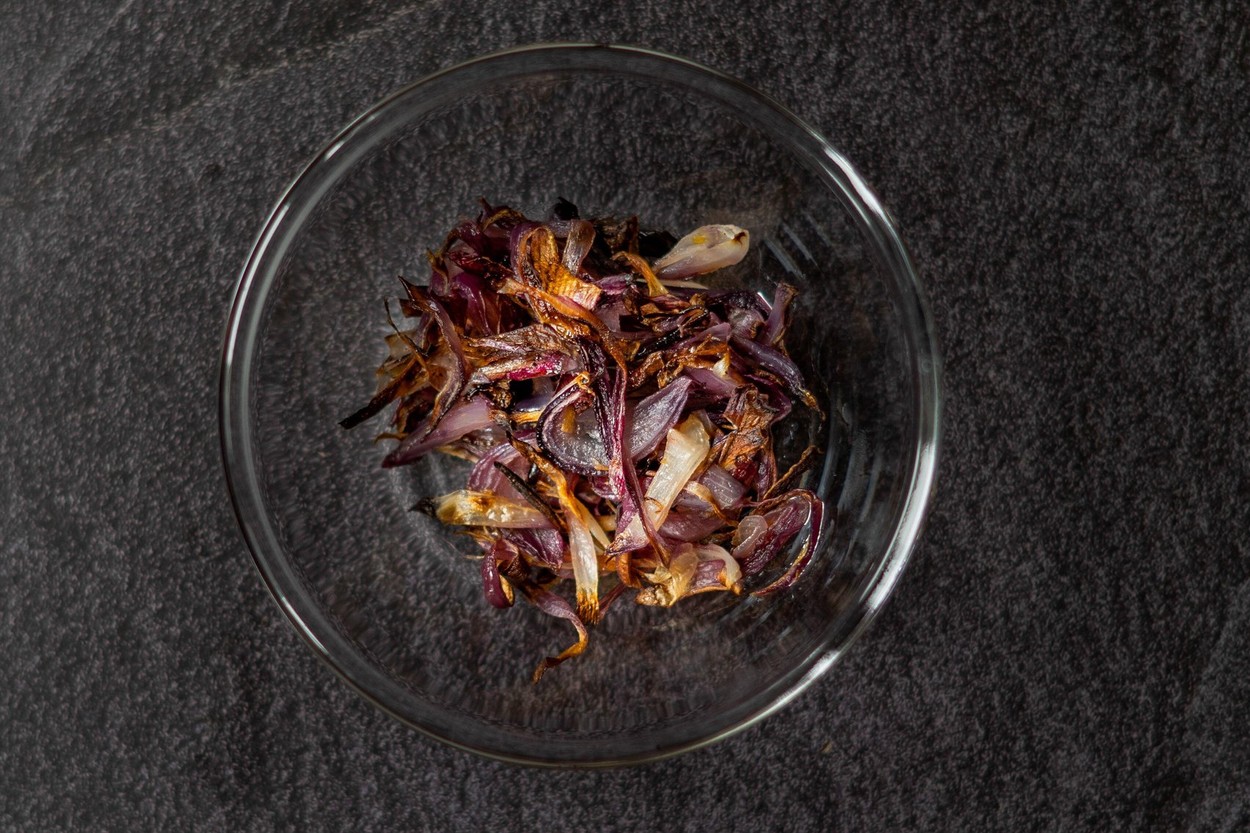 Caramelized Onion Slices in Glass Bowl. Ready to Eat.