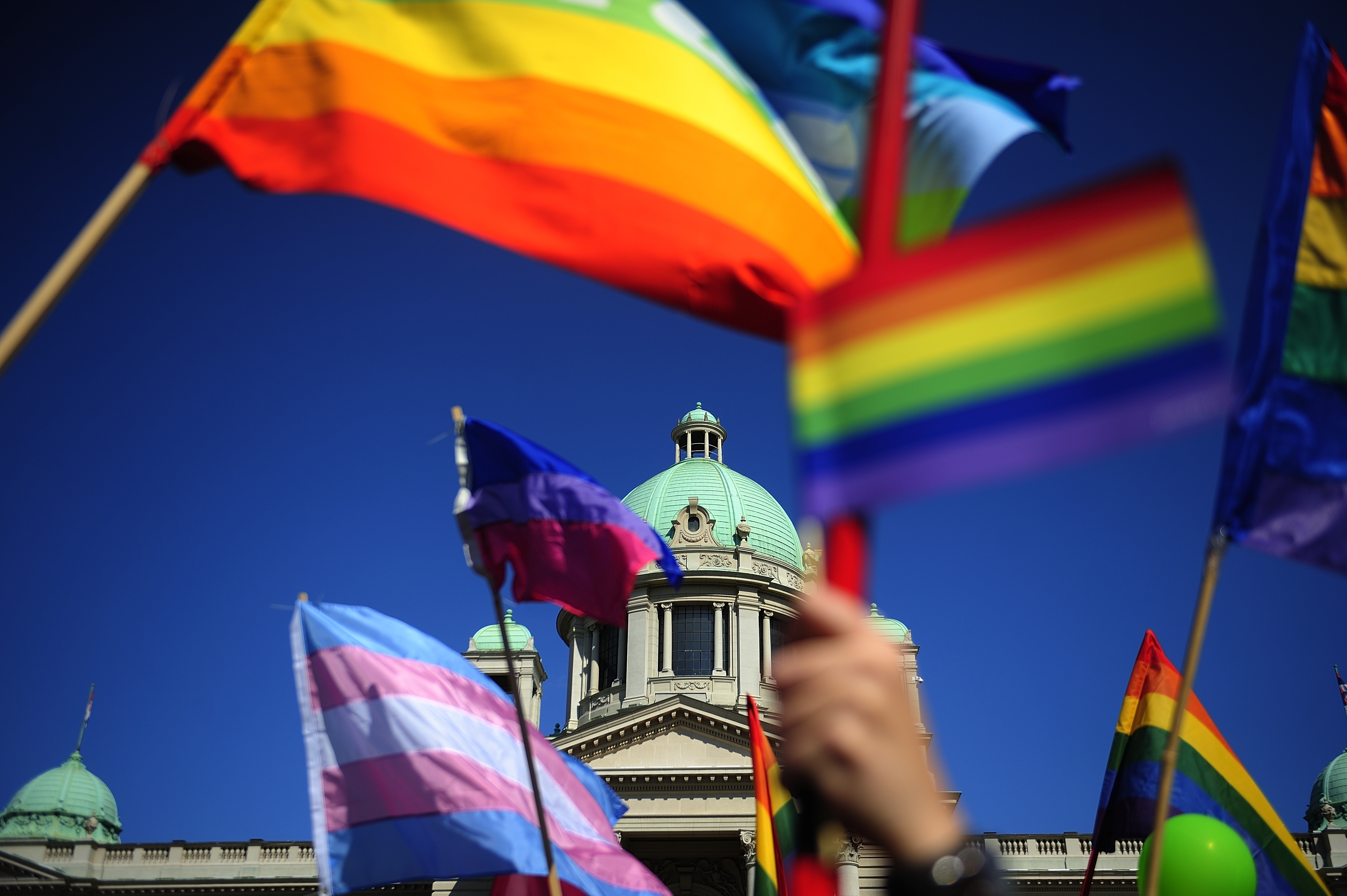 Serbian,National,Assembly,Building,(parliament,Building),With,Rainbow,Flags,During