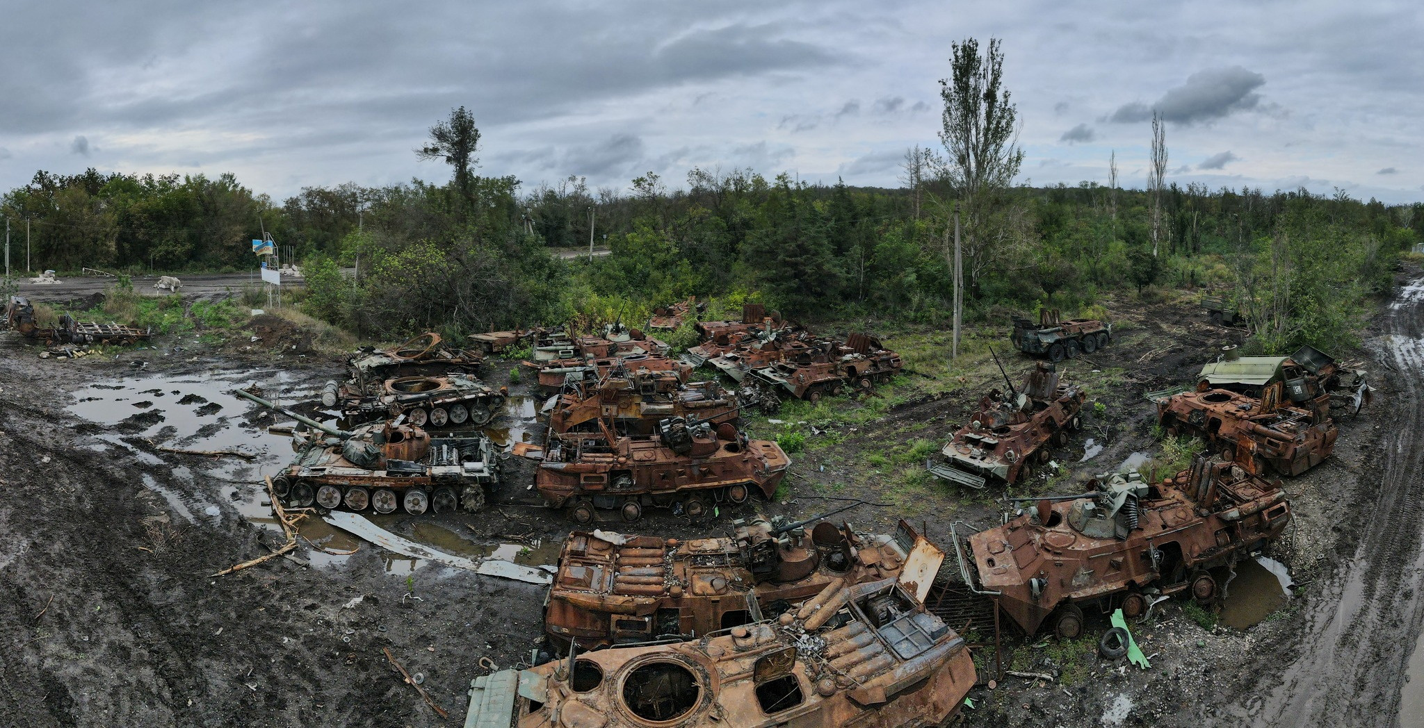 Destroyed Russian tanks and armoured personnel carriers are seen near the town of Izium