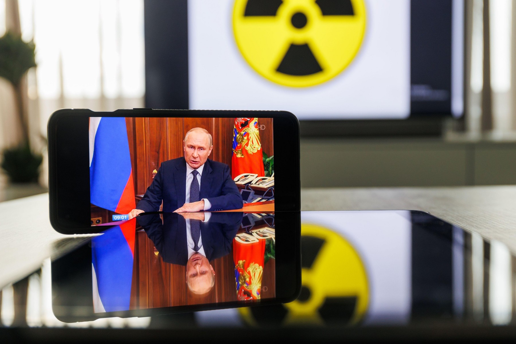 Moscow, Russia - 2022, September 26: Message on TV from Russian President Vladimir Putin. War in Ukraine. Nuclear weapon threat. High quality photo