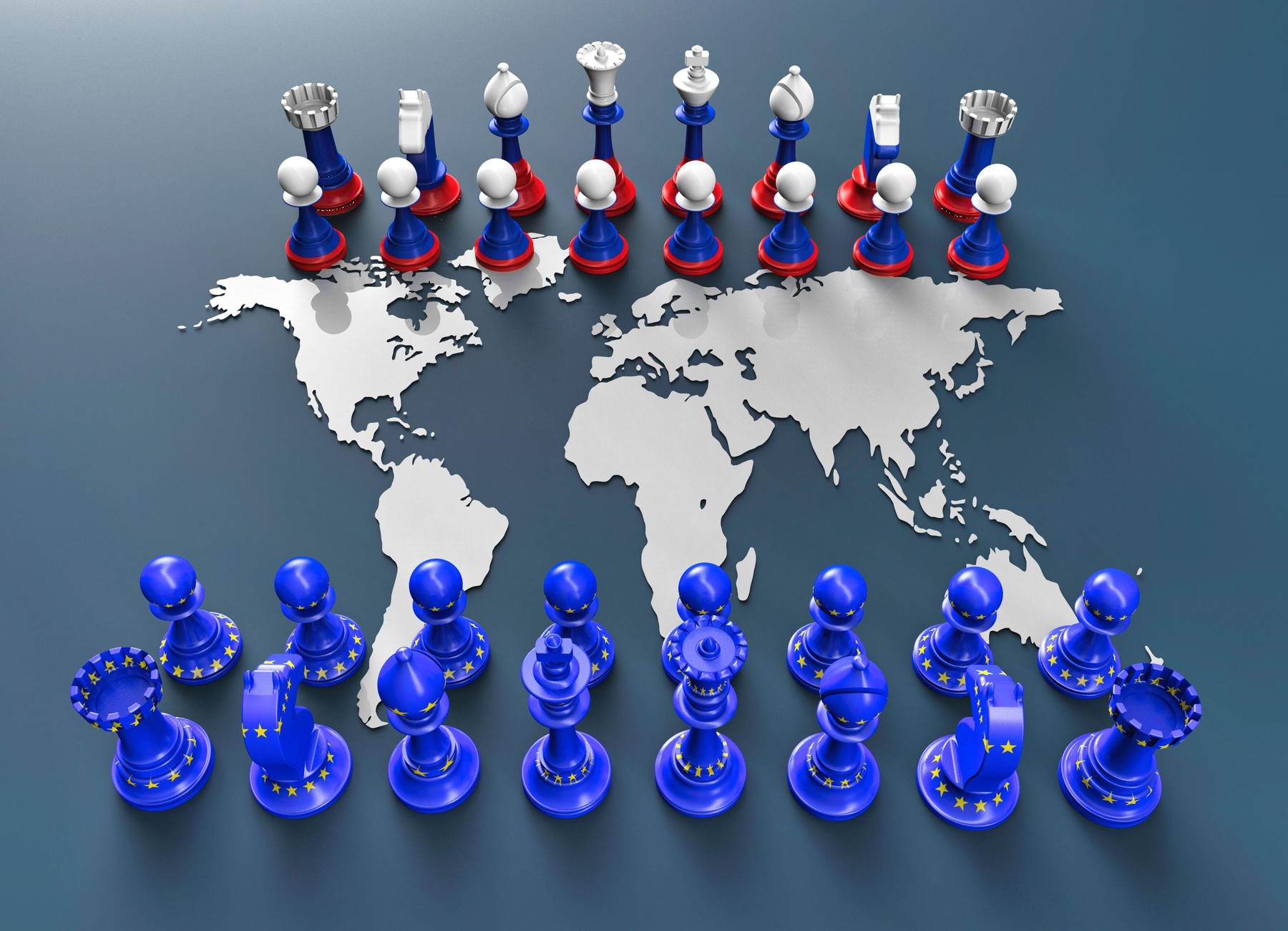 symbol of war and geopolitics in the world with chess pieces. Russia vs EU.