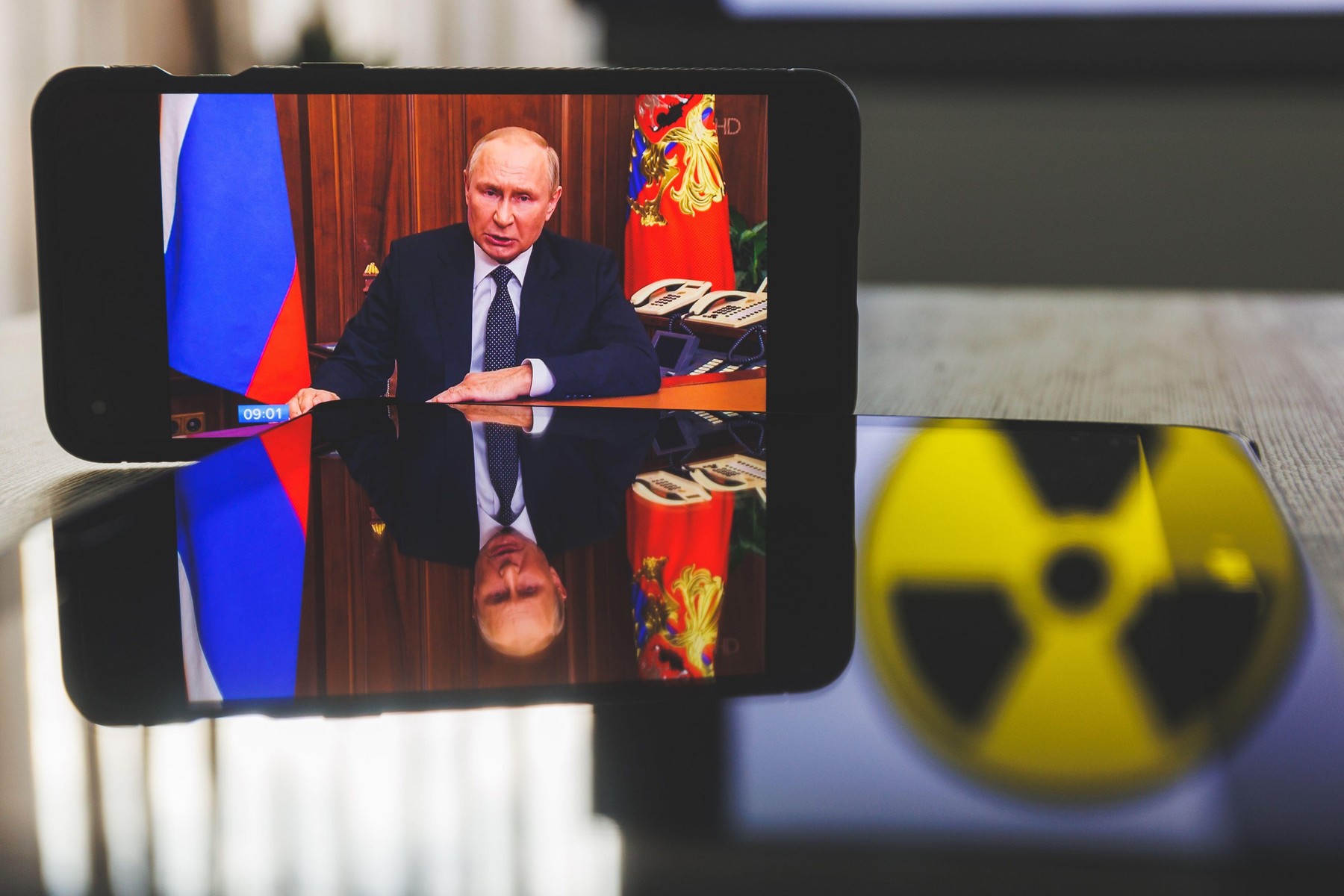 Message on TV from Russian President Vladimir Putin. War in Ukraine. Nuclear weapon threat