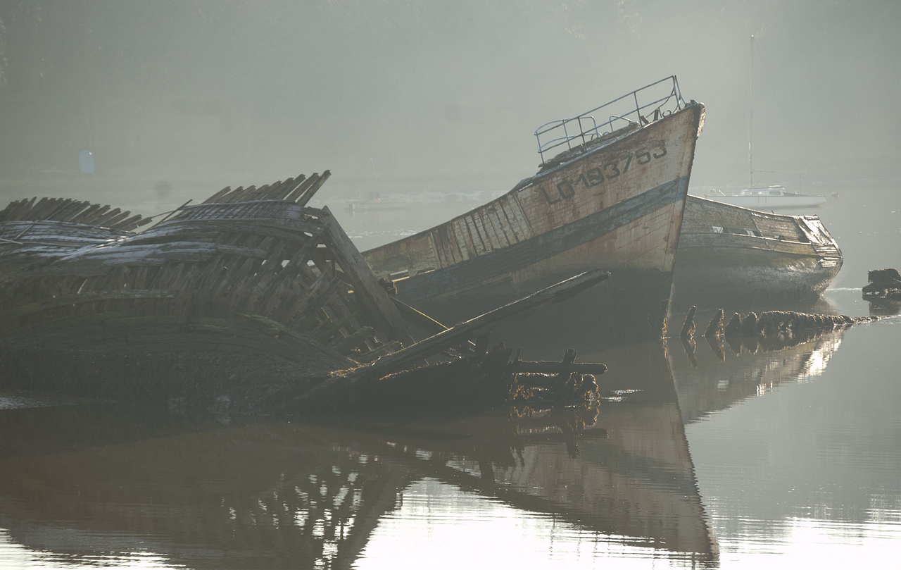 boat, brod, čamac, olupina, magla,