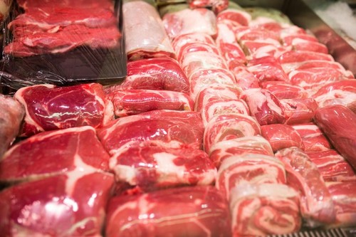 Variety of meat slices in boxes in supermarket