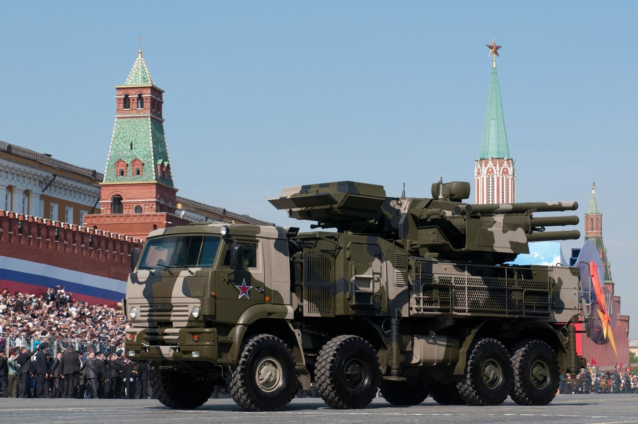 Pantsir-S1 (NATO SA-22 Greyhound) anti-aircraft artillery weapon system march along the Red Square Moscow Victory Parade of 2010