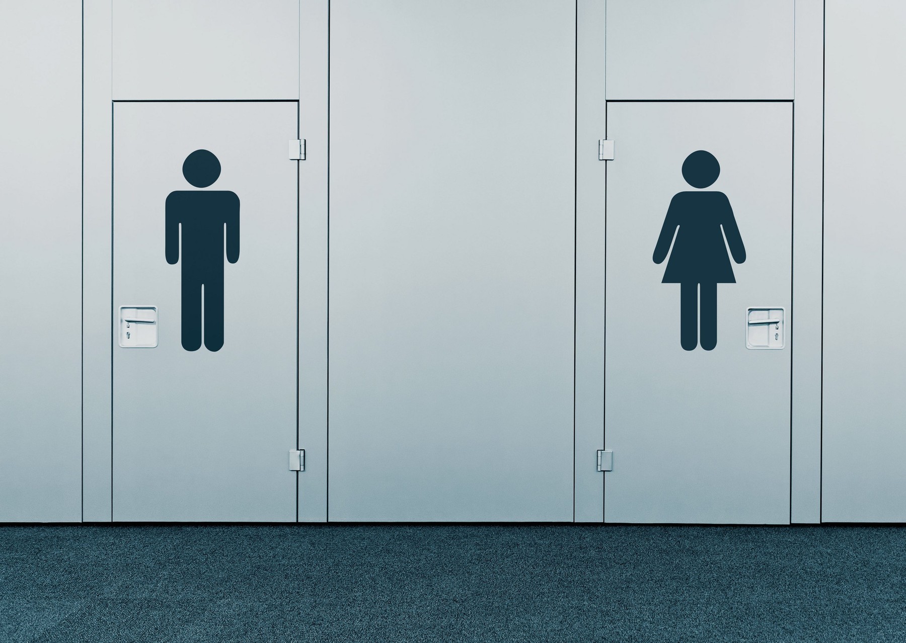 Ladies room and mens room. Closed toilet doors with printed marks.