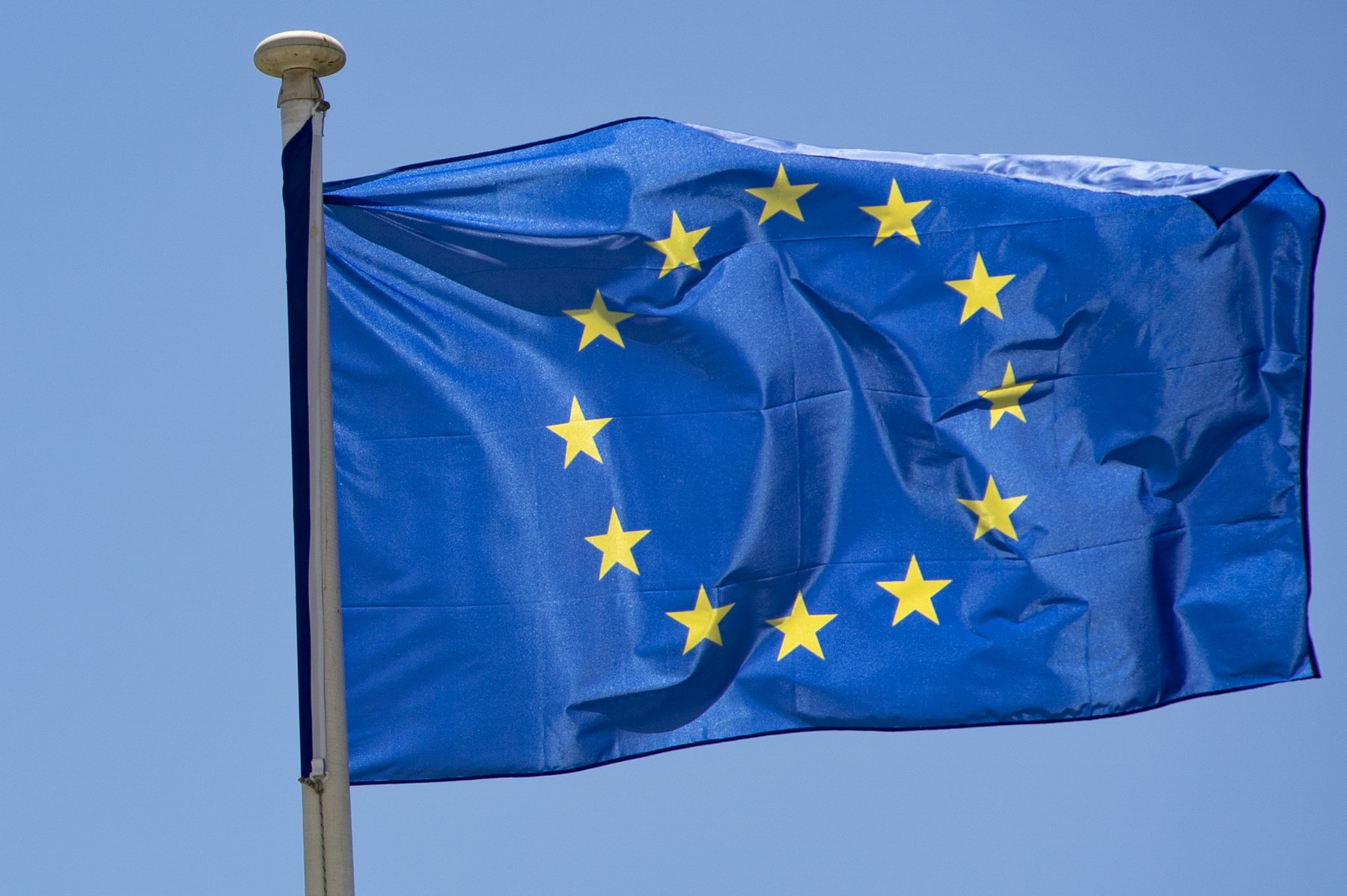 Flags Of Greece And Europe On A Flagpole Waving In The Wind, Athens - 31 Jul 2022