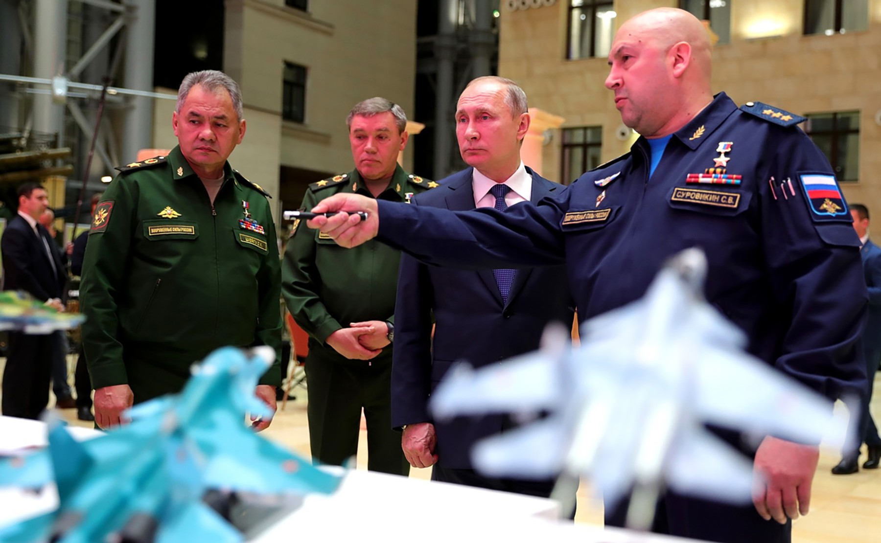 Army General Sergey Surovikin (first right) with Russian president Vladimir Putin, the chief of staff of the Russian army Valery Gerasimov, and Russia's defence minister Sergei Shoigu